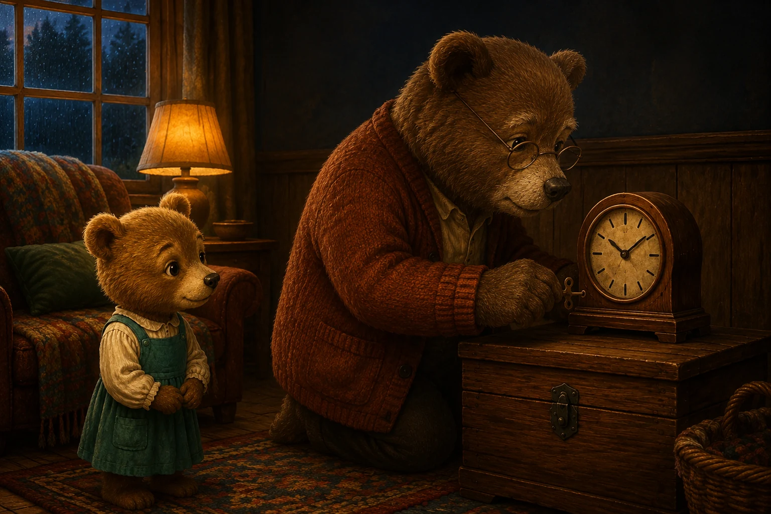Grandad turns a small key beside the clock while Pru stands a little way back and watches.
