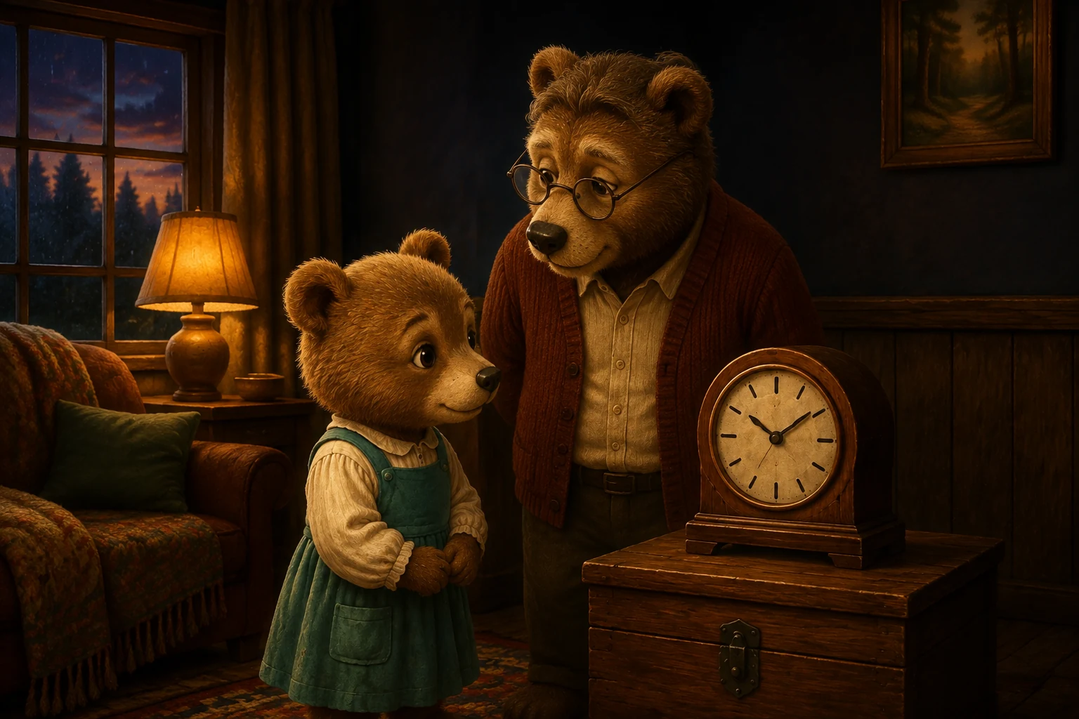 Pru and Grandad stand beside the clock with the key put away, quietly waiting together.