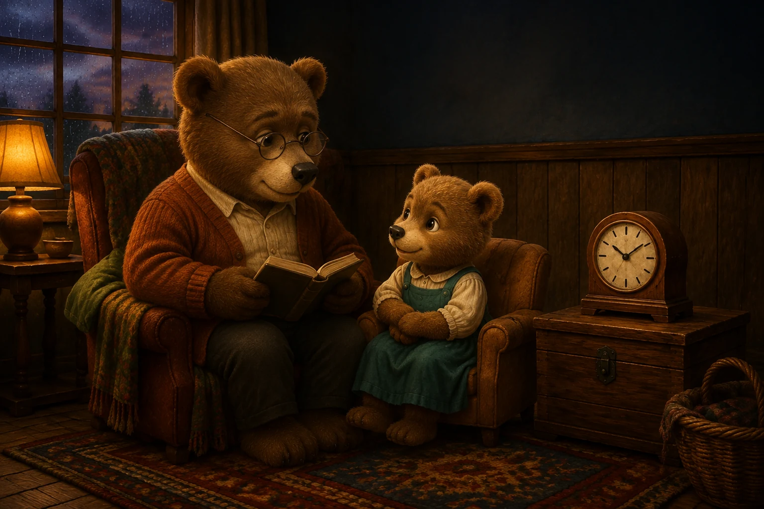Grandad holds an open book while Pru sits nearby, listening to the room and its little clock.
