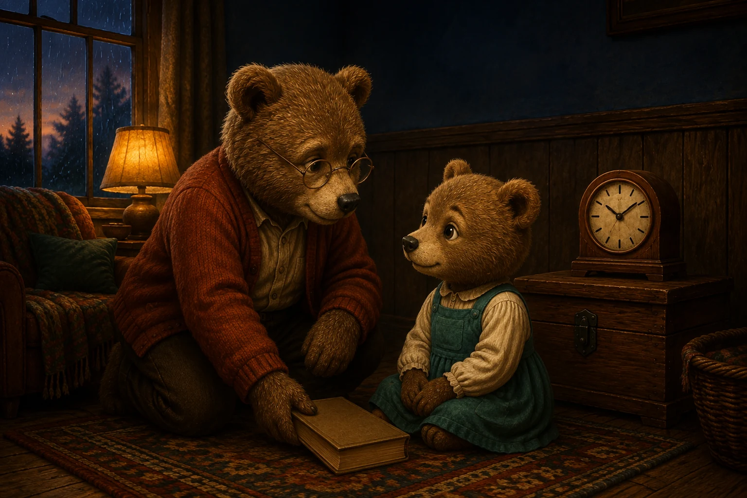 Grandad sets a closed book beside Pru as she sits on the rug facing him.