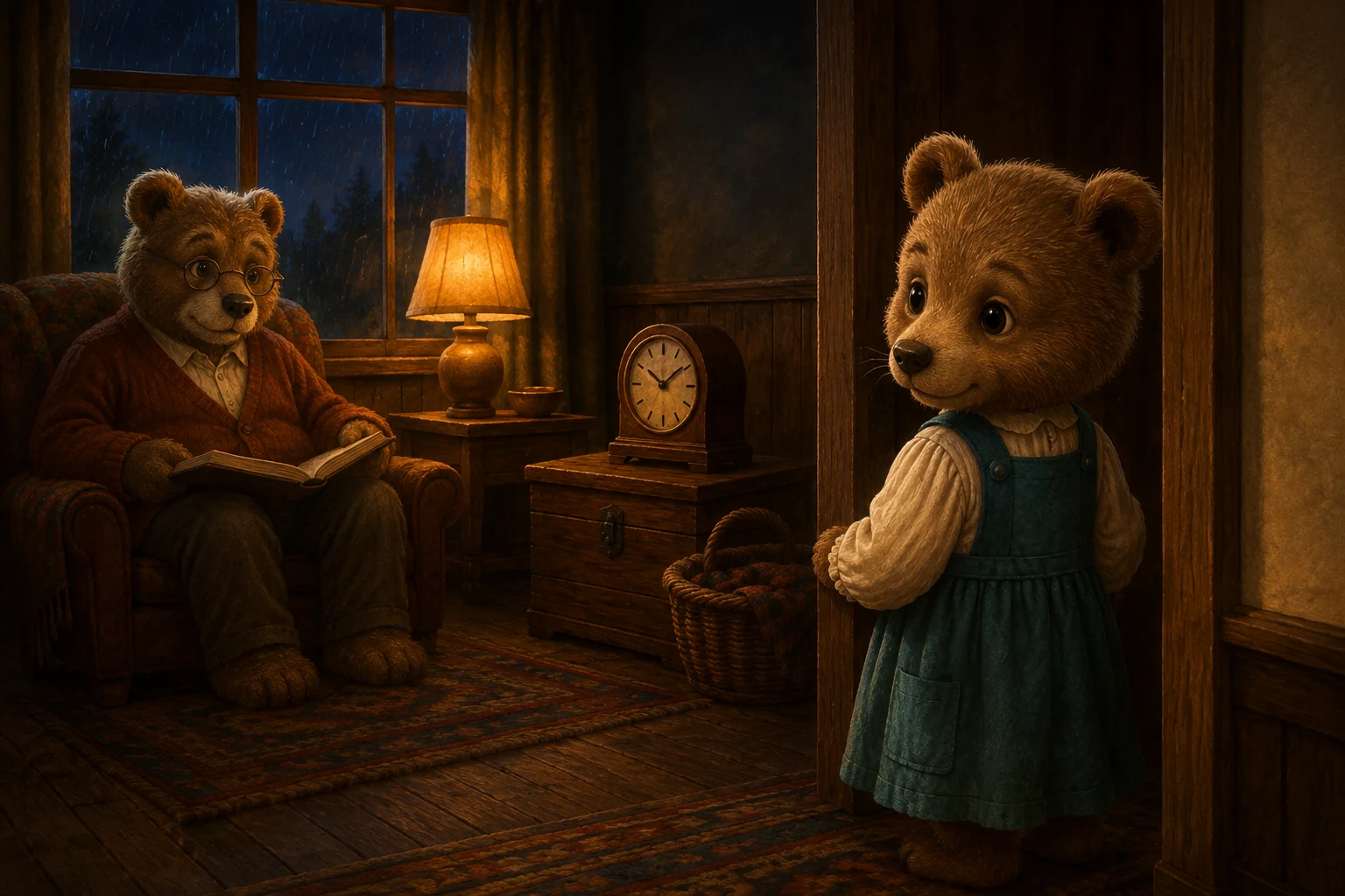 Pru pauses in the doorway and looks back at Grandad reading beside the lamp and clock.