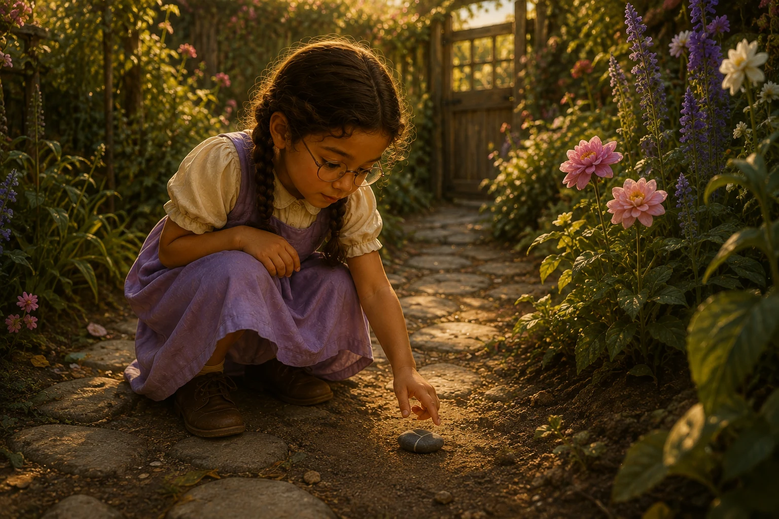 Ada crouches beside the flower-lined garden path and reaches toward a small gray stone with white veins.