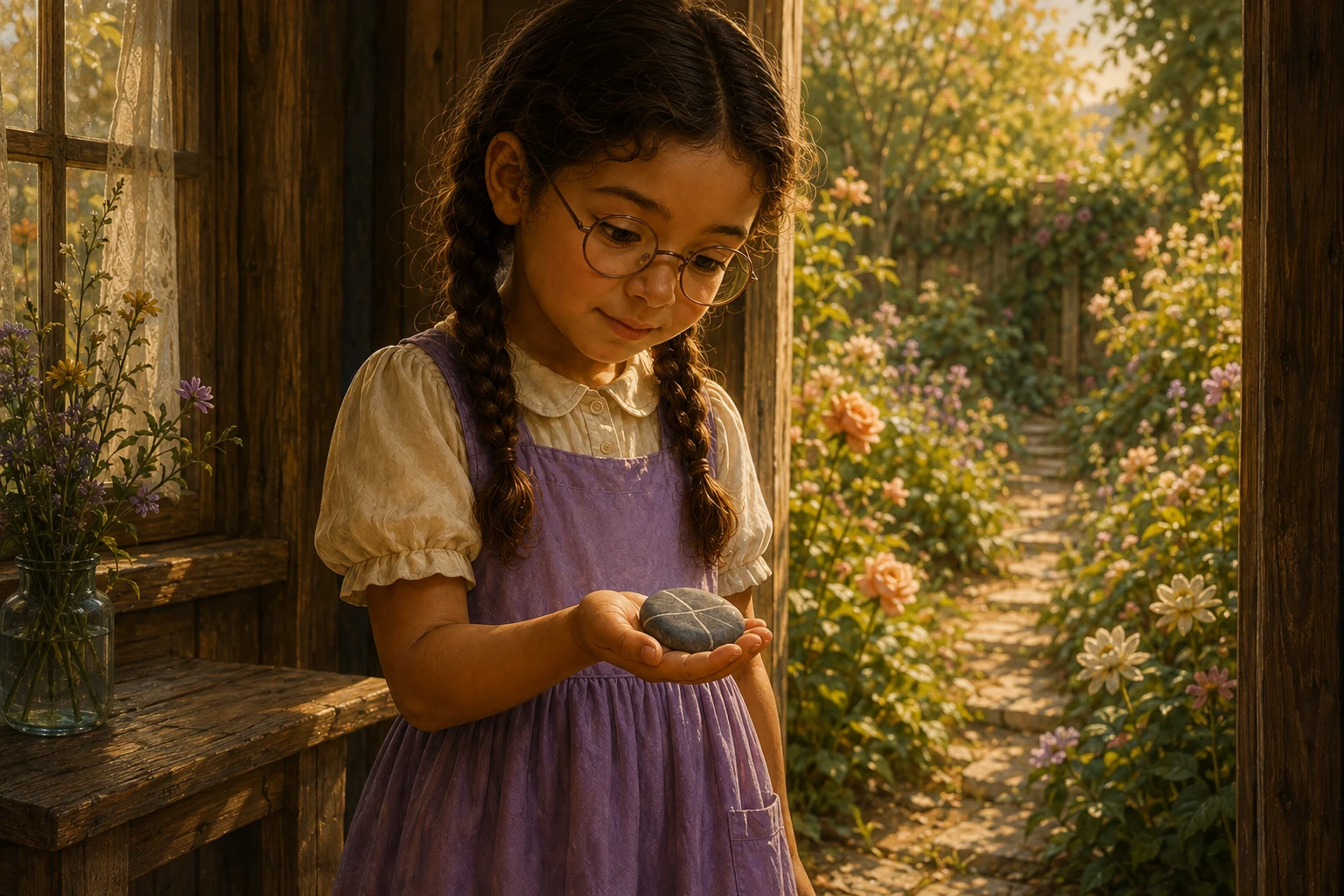 At the open doorway, Ada studies the gray stone resting in her open palm.