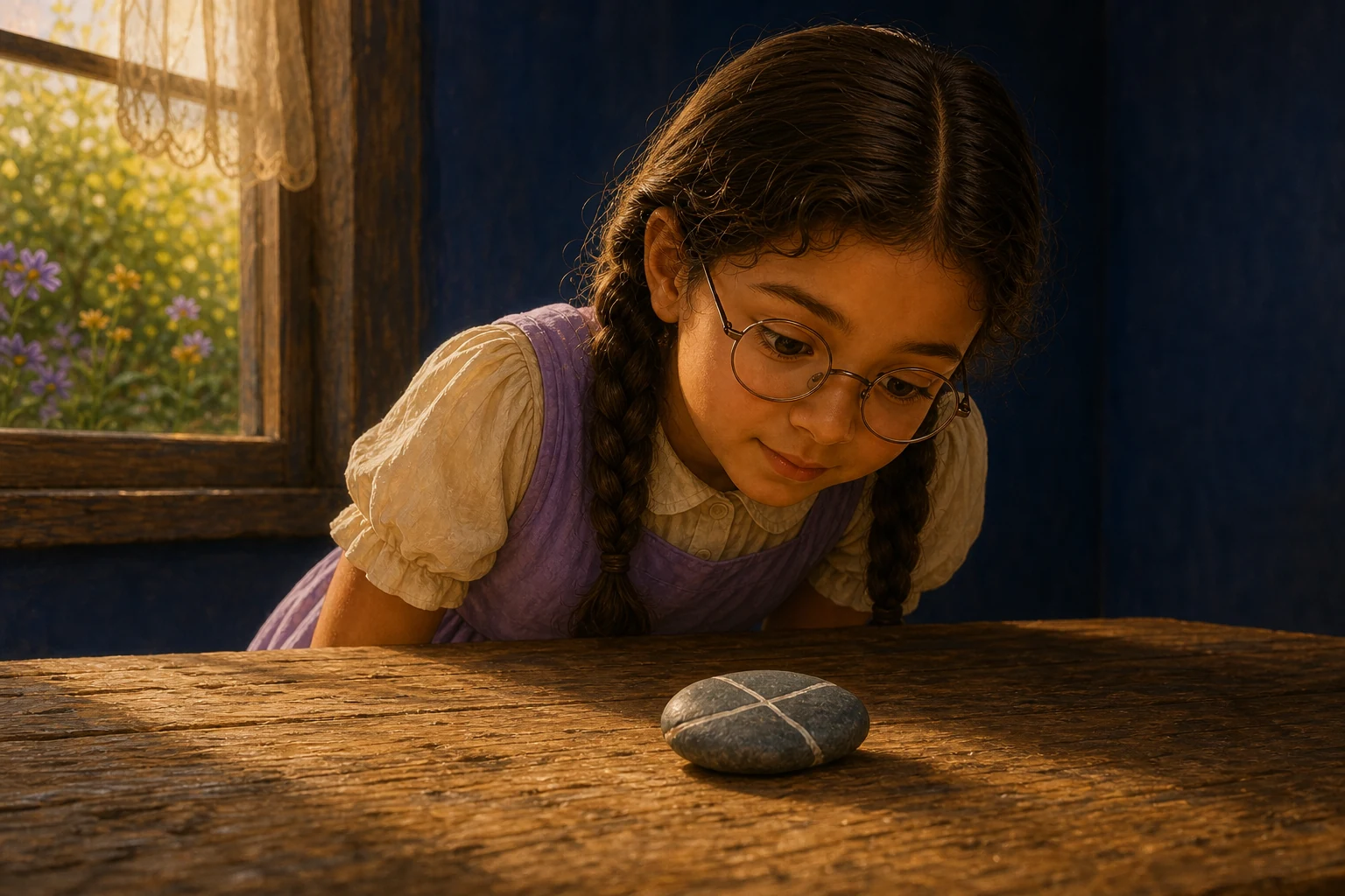 Ada bends over the window table to examine the stone's raised surface from a lower angle.