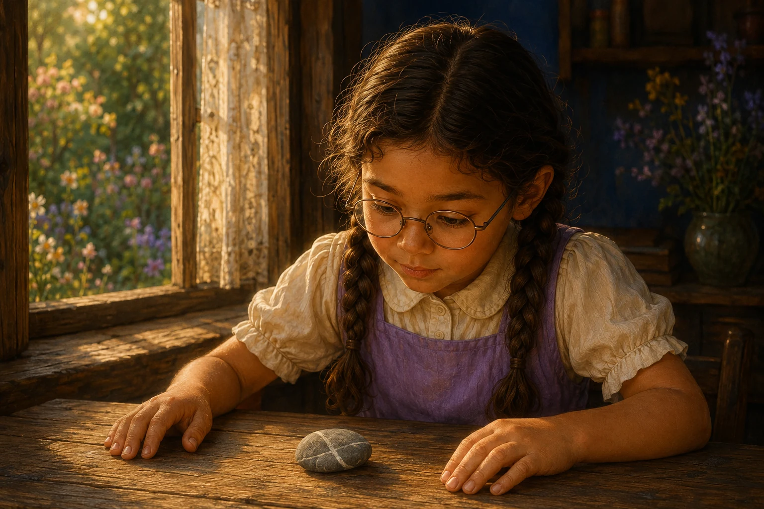 With both hands resting on the table, Ada follows the stone's pale mineral line with her eyes.