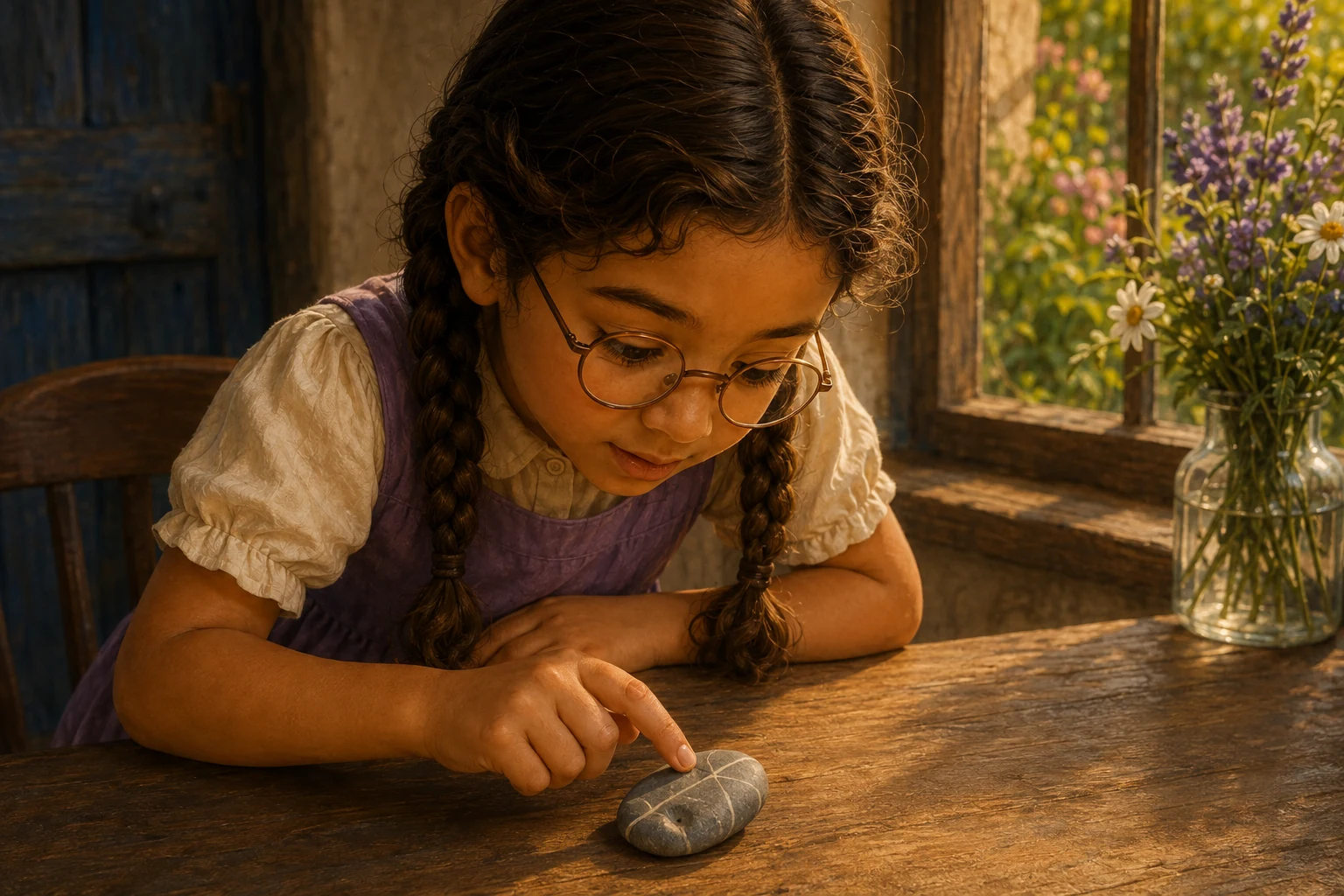 Ada points toward a small hollow in the stone while looking from another side of the table.