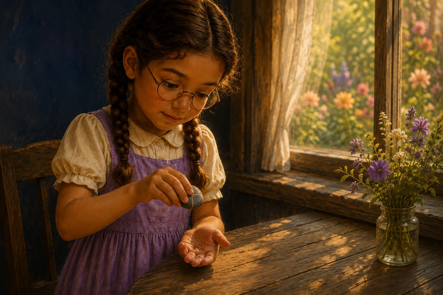 Ada tips the stone above her open hand, letting a few dry soil crumbs fall into her palm.