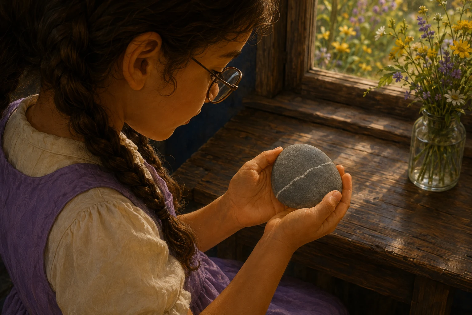 Seen over her shoulder, Ada holds the stone to examine a pale line across its flatter underside.