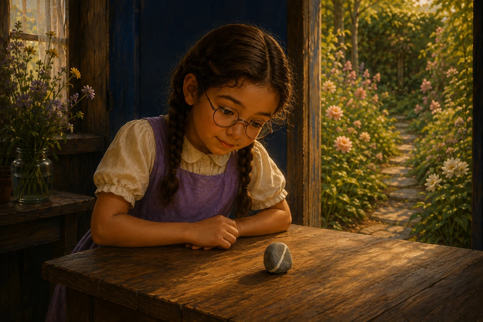 Ada tilts her head toward the stone standing on another end on the sunny wooden table.