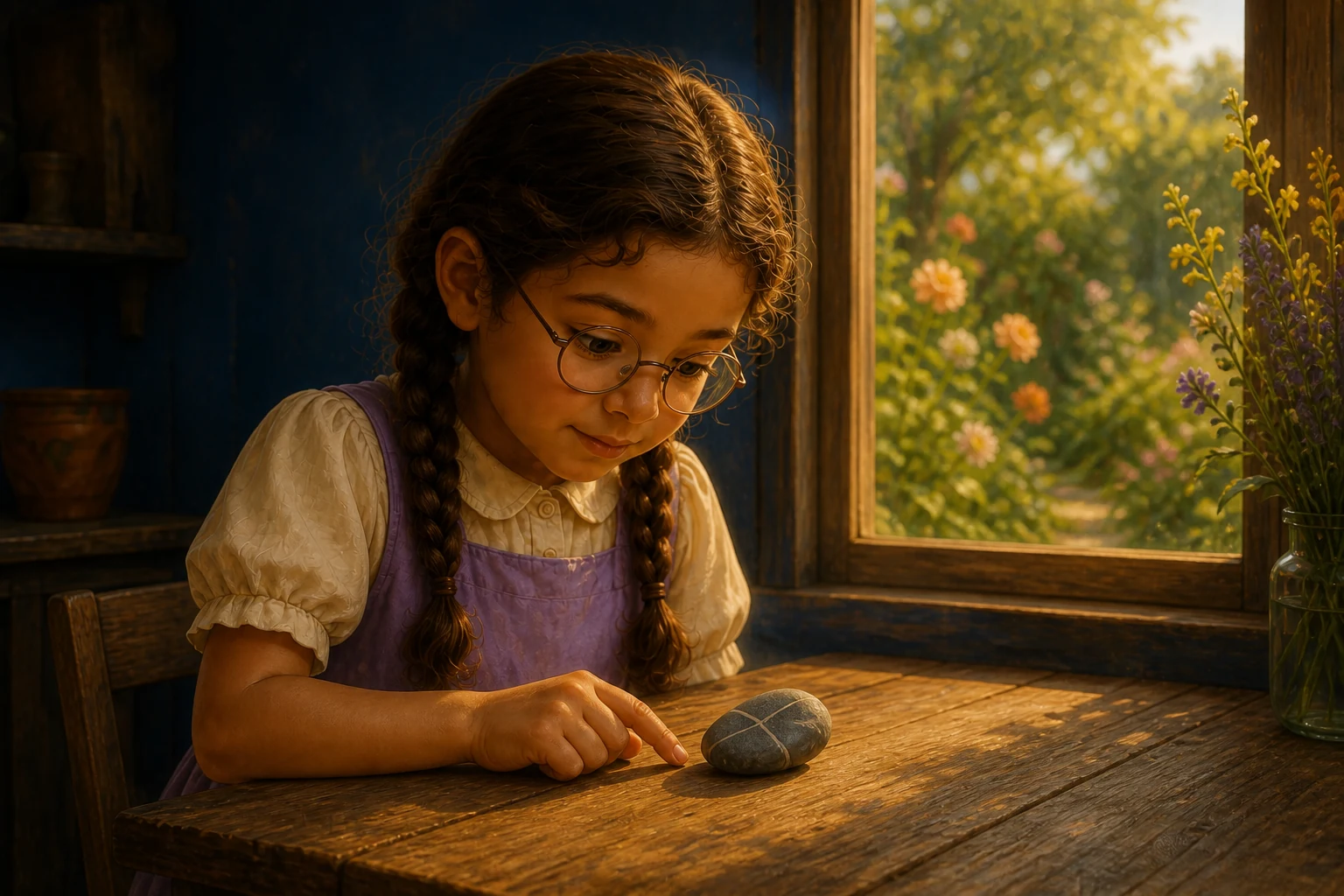 Ada stops her fingertip beside the stone and studies the white line climbing its gray surface.