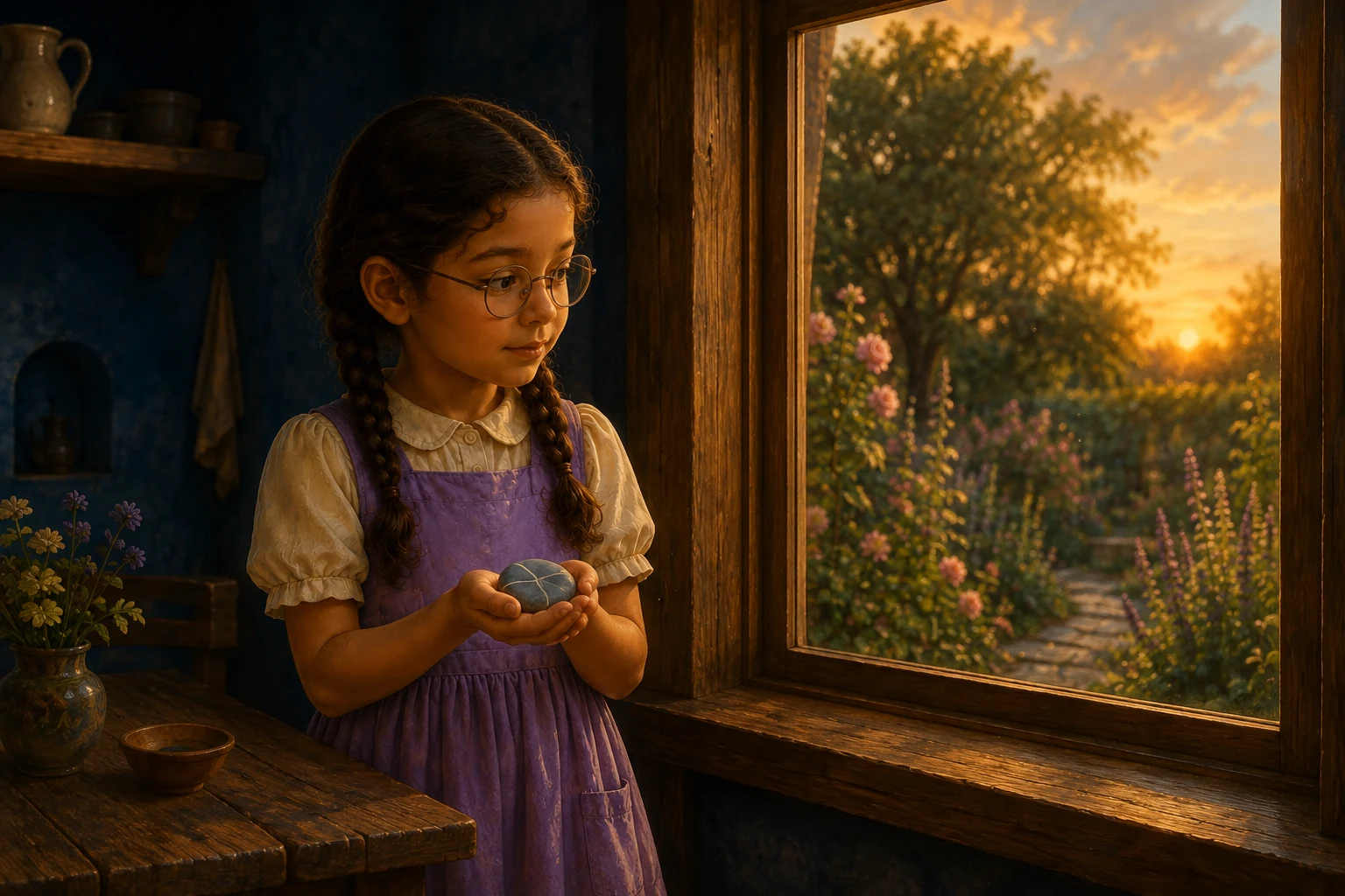 Ada cups the stone in both hands beside the window as golden evening reaches the garden.