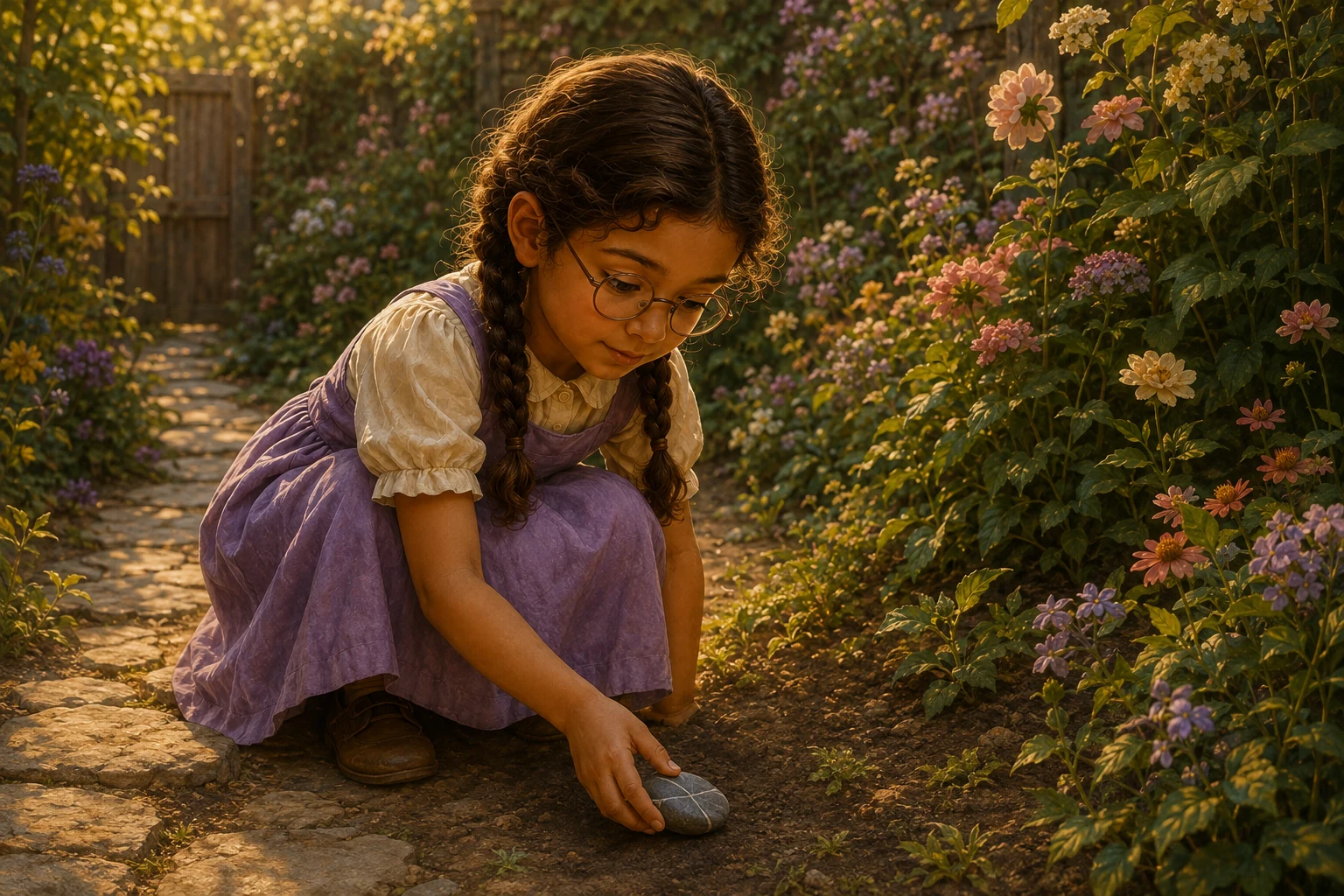Ada crouches among the flowers and places the stone back beside the garden path.