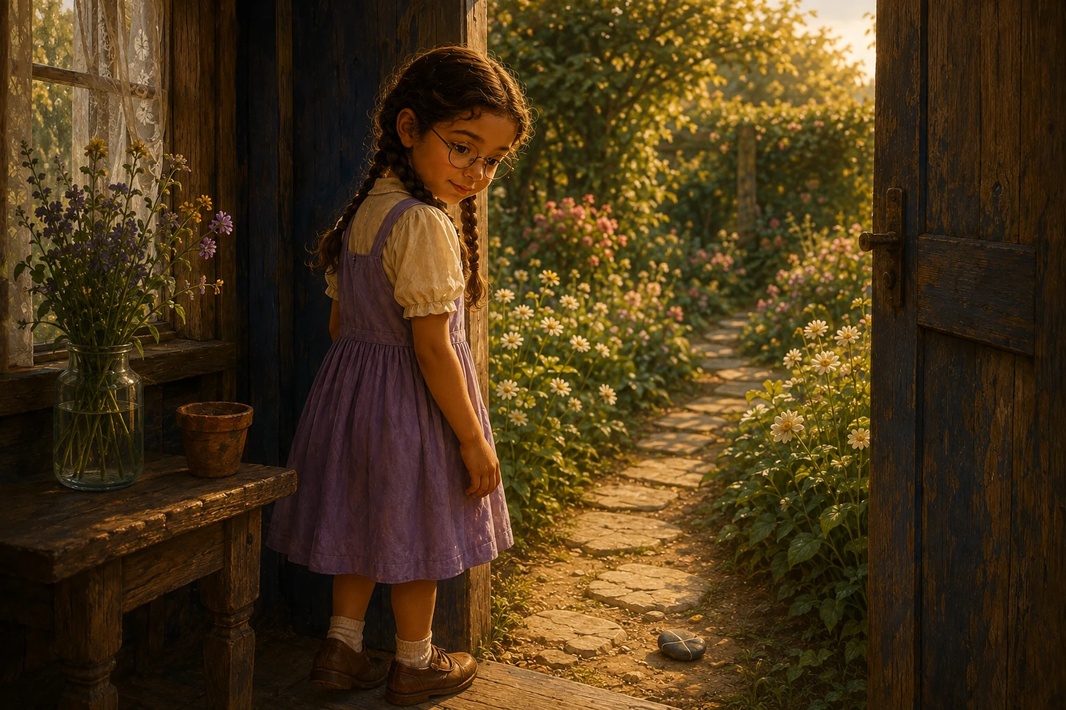 Empty-handed at the open door, Ada looks back at the little gray stone resting on the path.