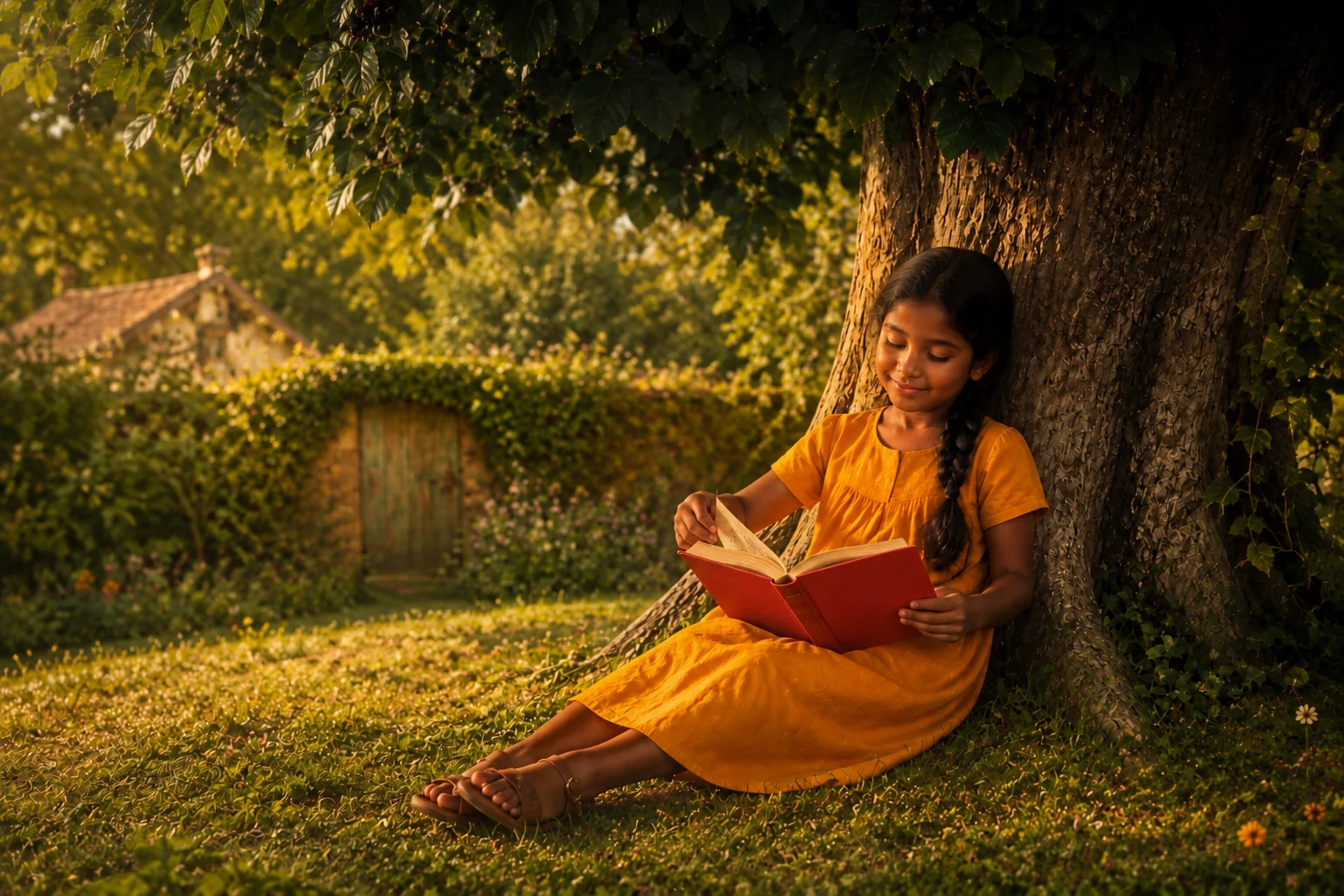 Iona, wearing a saffron dress and brown sandals, turns a page in a plain red book beneath a mulberry tree.