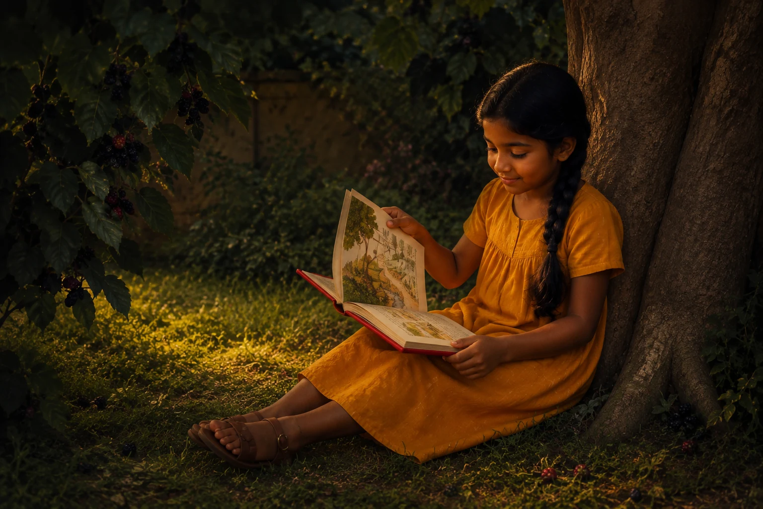 In the shade of the tree, Iona holds up a page of woodland pictures in her open red book.