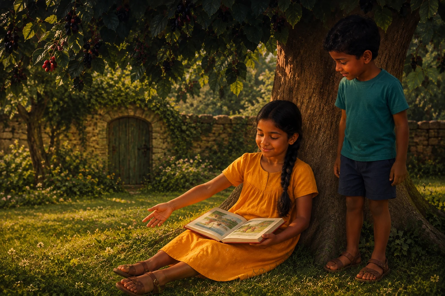 Iona gestures to the grass beside her as Niko approaches the tree in a teal shirt and dark shorts.