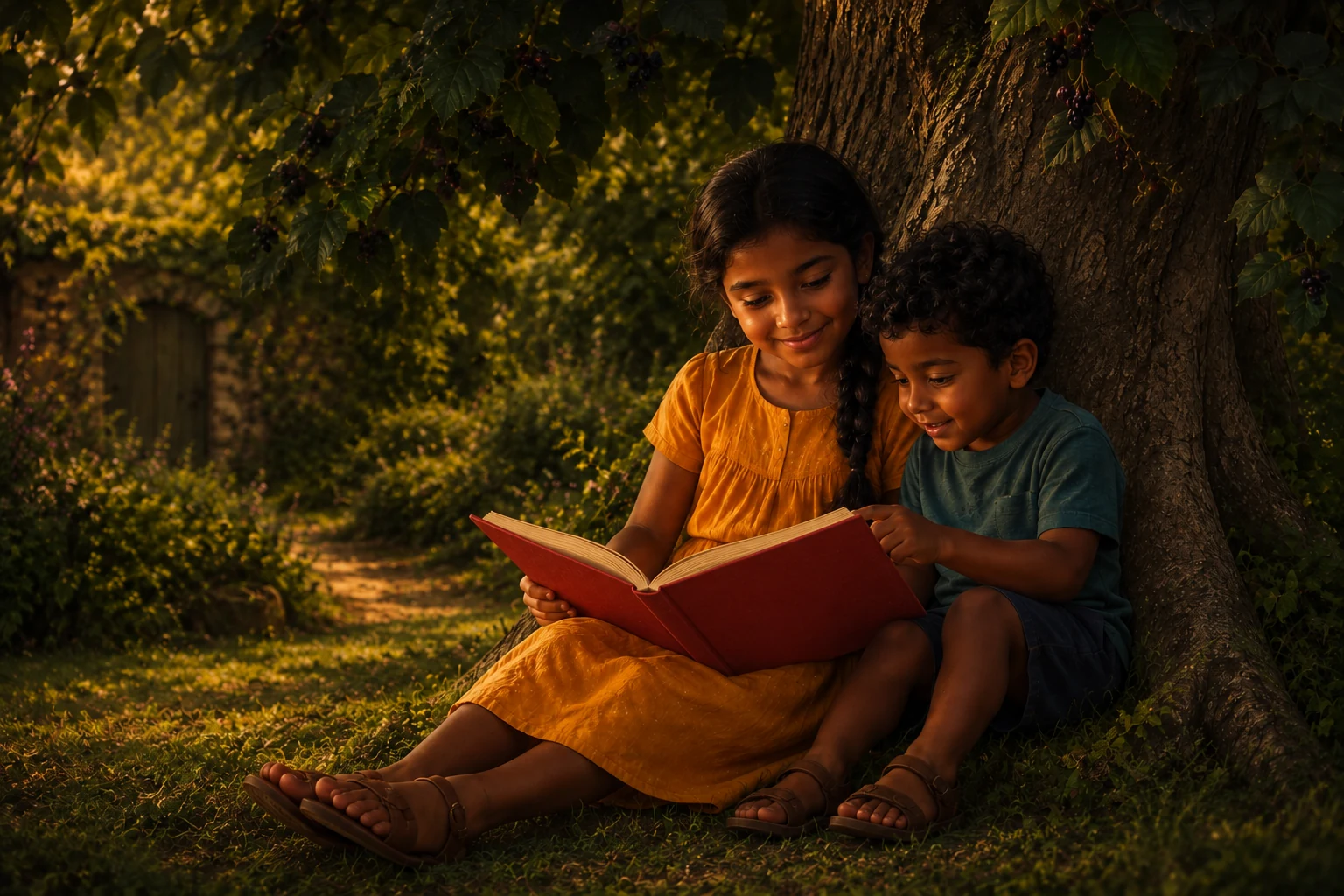 Iona and Niko sit close together beneath the tree, both looking down into the open red book on her lap.