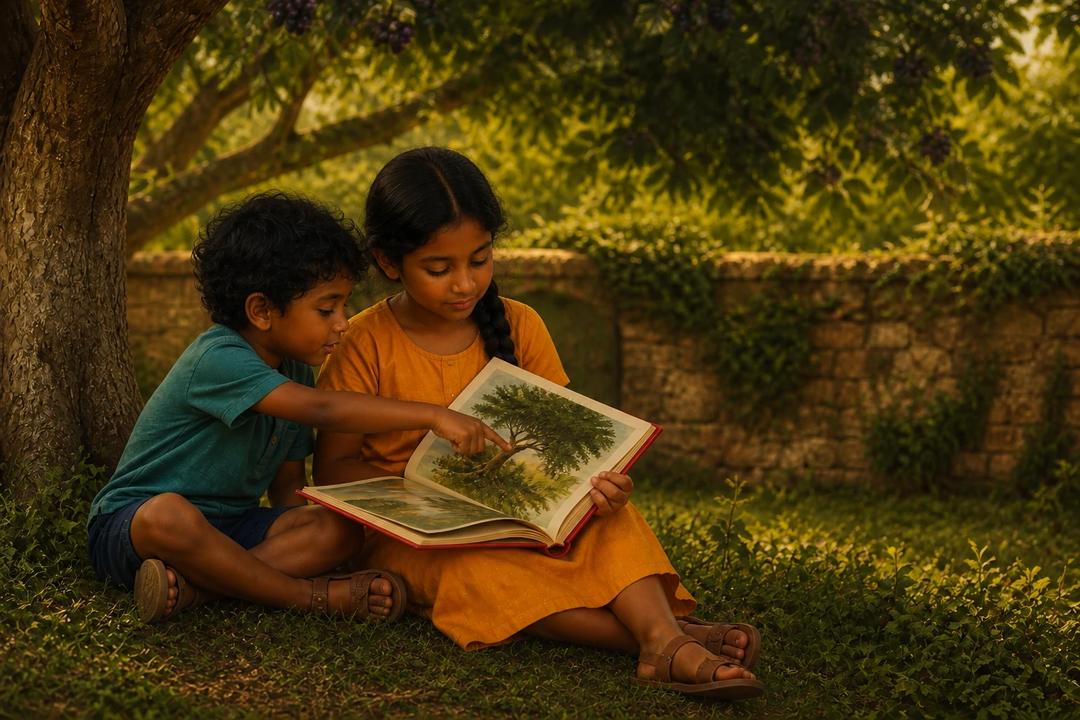 Niko points at the leaning tree painted on a page while Iona holds the book open and studies the picture.