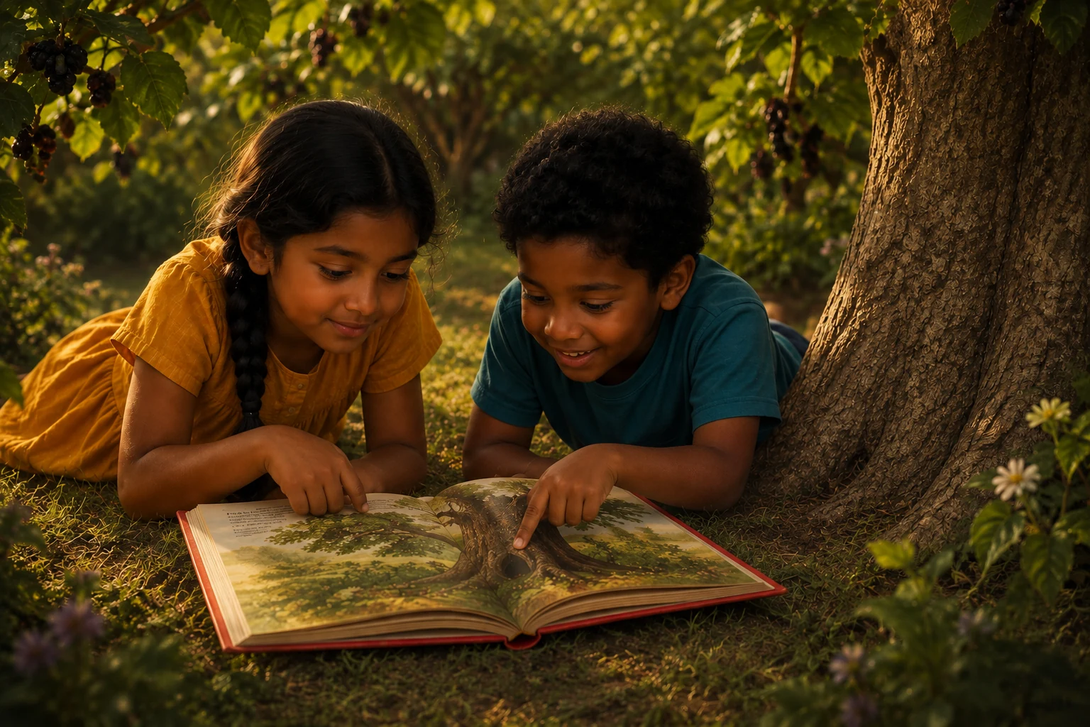 Lying beside the open book, the children point toward a small dark hollow painted at the foot of its illustrated tree.