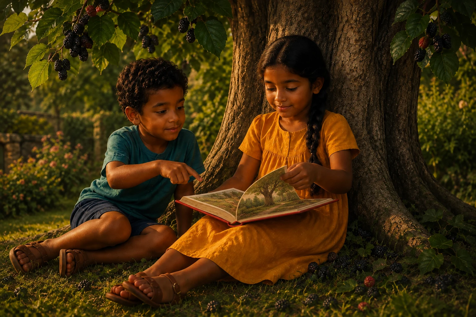 Iona turns the woodland page while Niko points toward the pictures, with mulberry leaves shading their reading place.