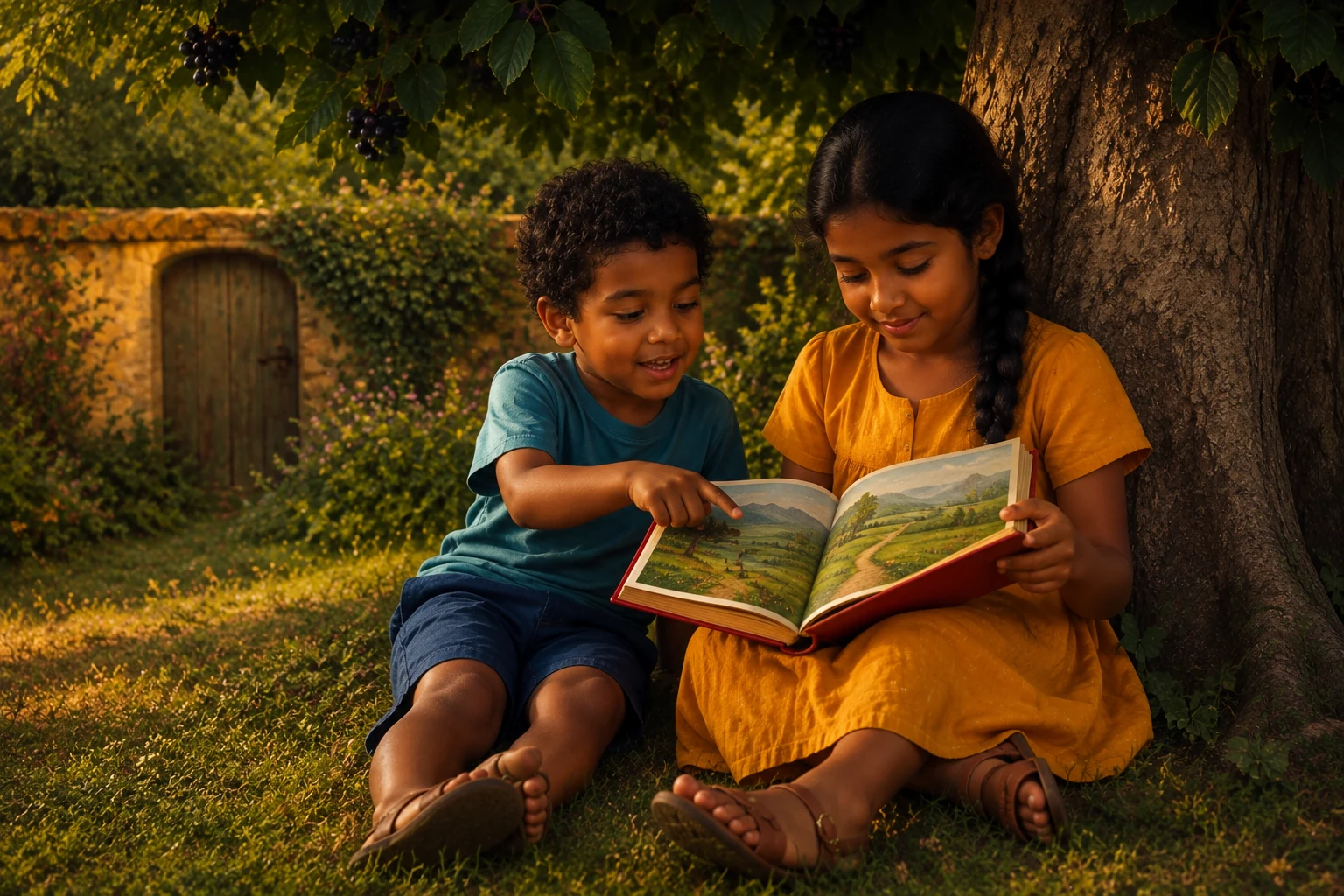 Niko points into a picture of a green meadow and distant blue hills as Iona holds the red book open.