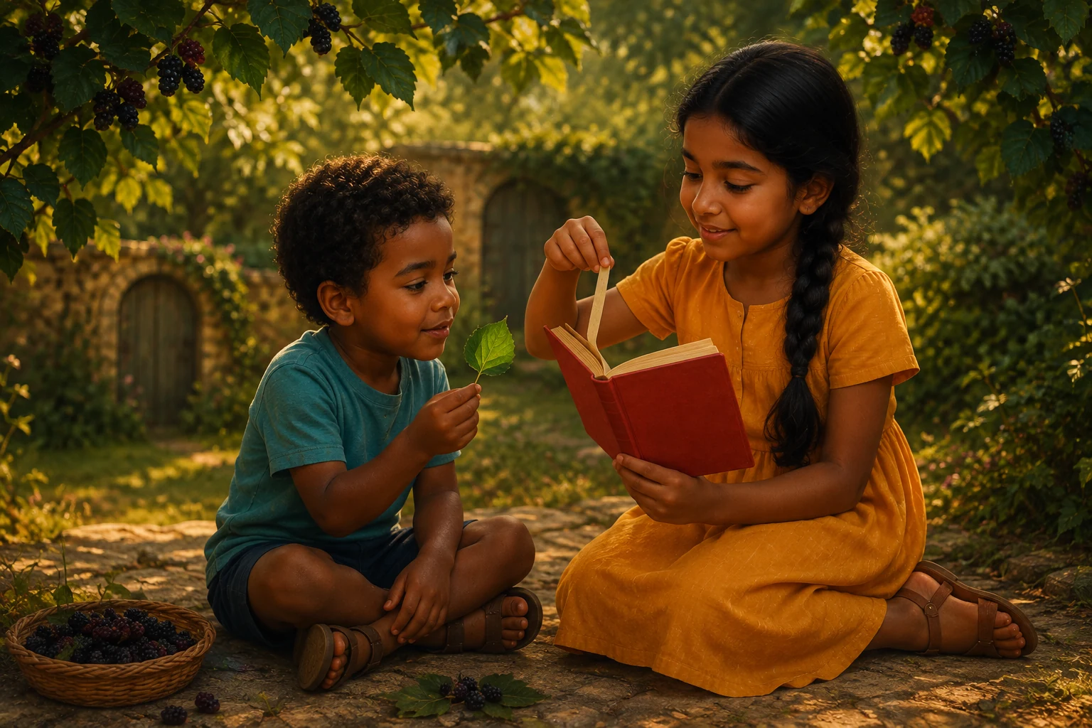 Niko holds a fresh green leaf while Iona lifts the book's ribbon marker above its cream pages.