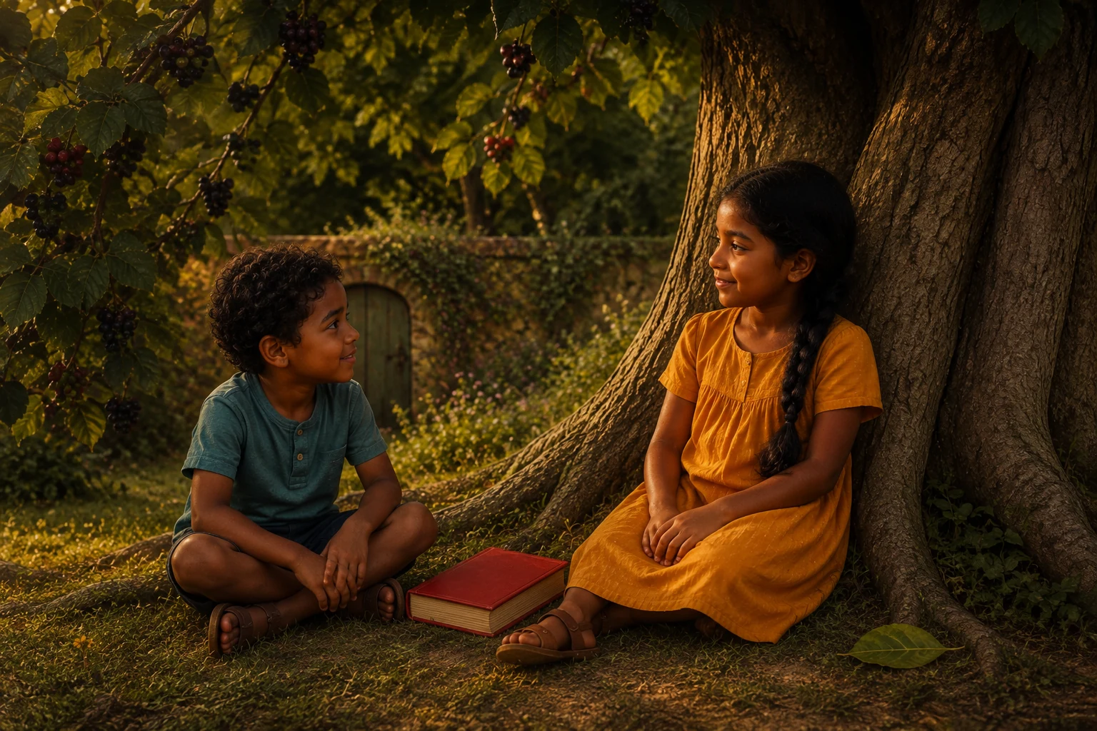 The red book lies closed between the children, and a green leaf rests on the ground beside the tree.