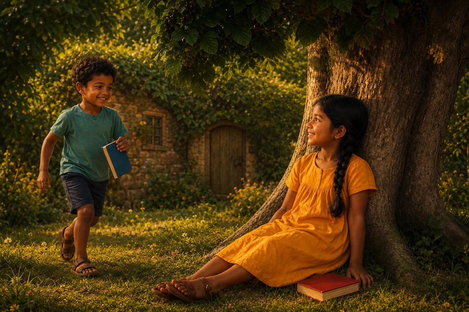 Niko runs back toward Iona carrying a closed blue book while her red book rests beside her on the grass.