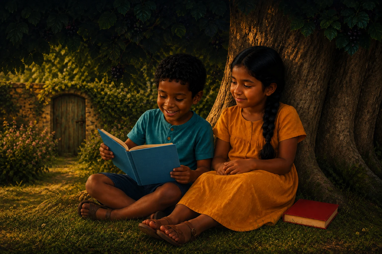 Niko reads from his open plain blue book while Iona listens beside him, her closed red book on the grass.