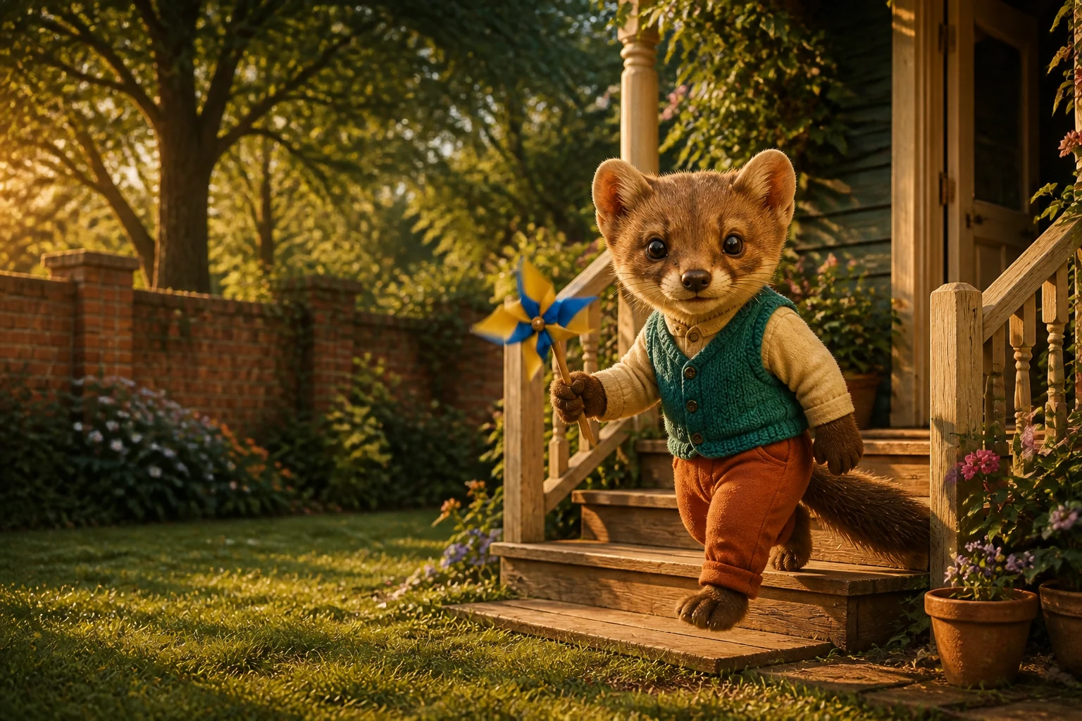 Milo, a young pine marten in a teal vest and rust trousers, steps off the porch carrying a blue-and-gold pinwheel.