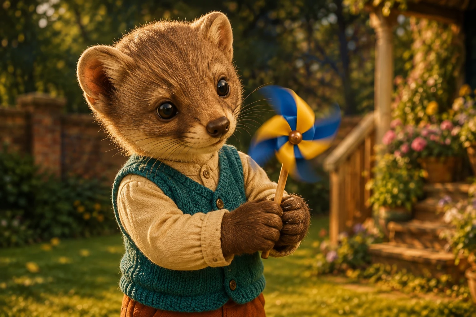 Milo watches the four folded blue-and-gold vanes blur as his pinwheel turns around its small covered central hub.