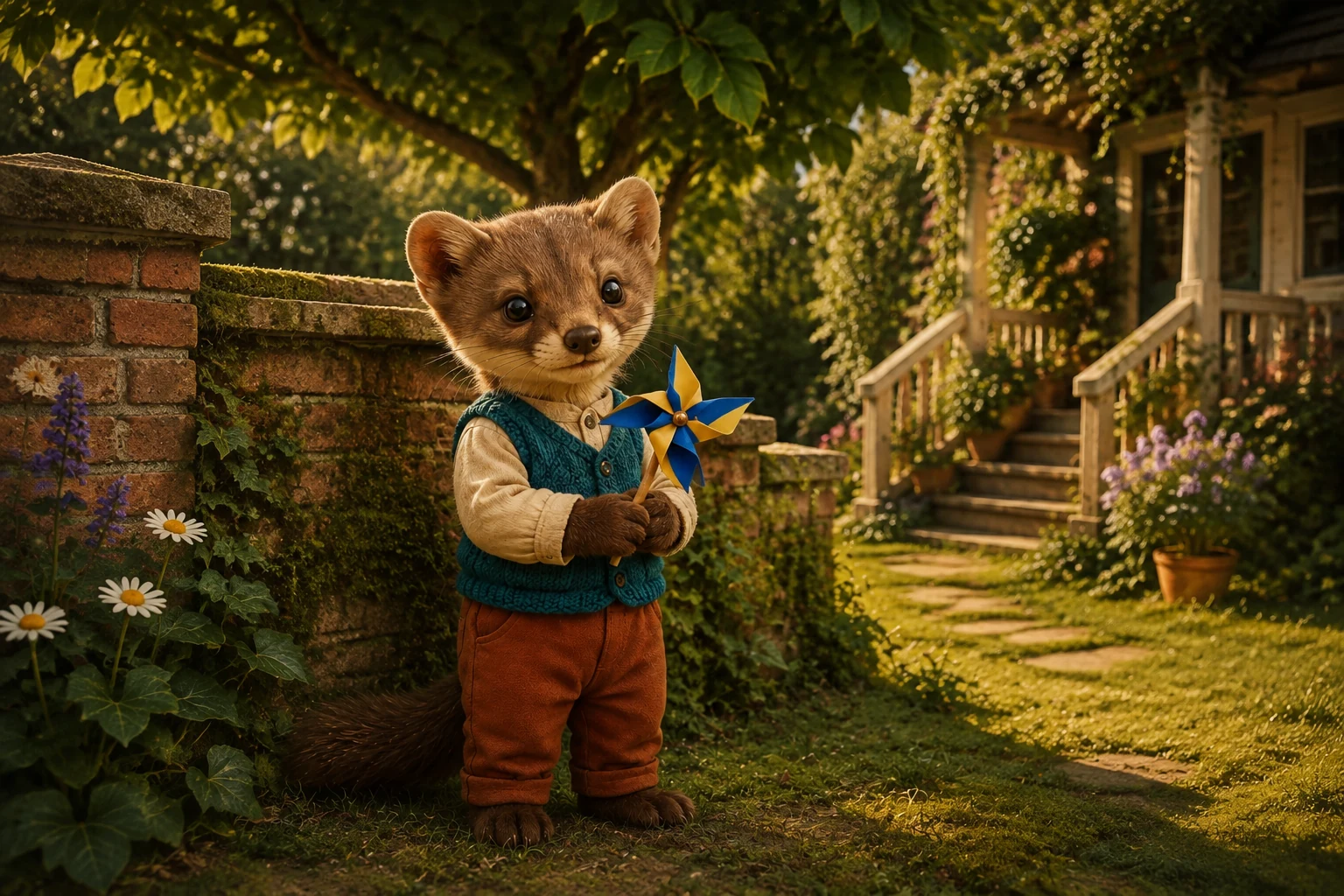Beside the sheltering brick wall, Milo holds the pinwheel still and studies its blue-and-gold folded paper vanes.