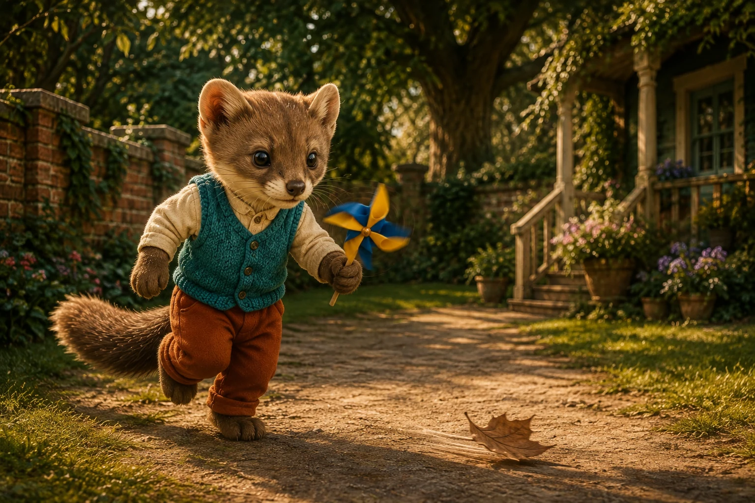 Milo follows a dry leaf skittering along the garden path, carrying the pinwheel in one paw.