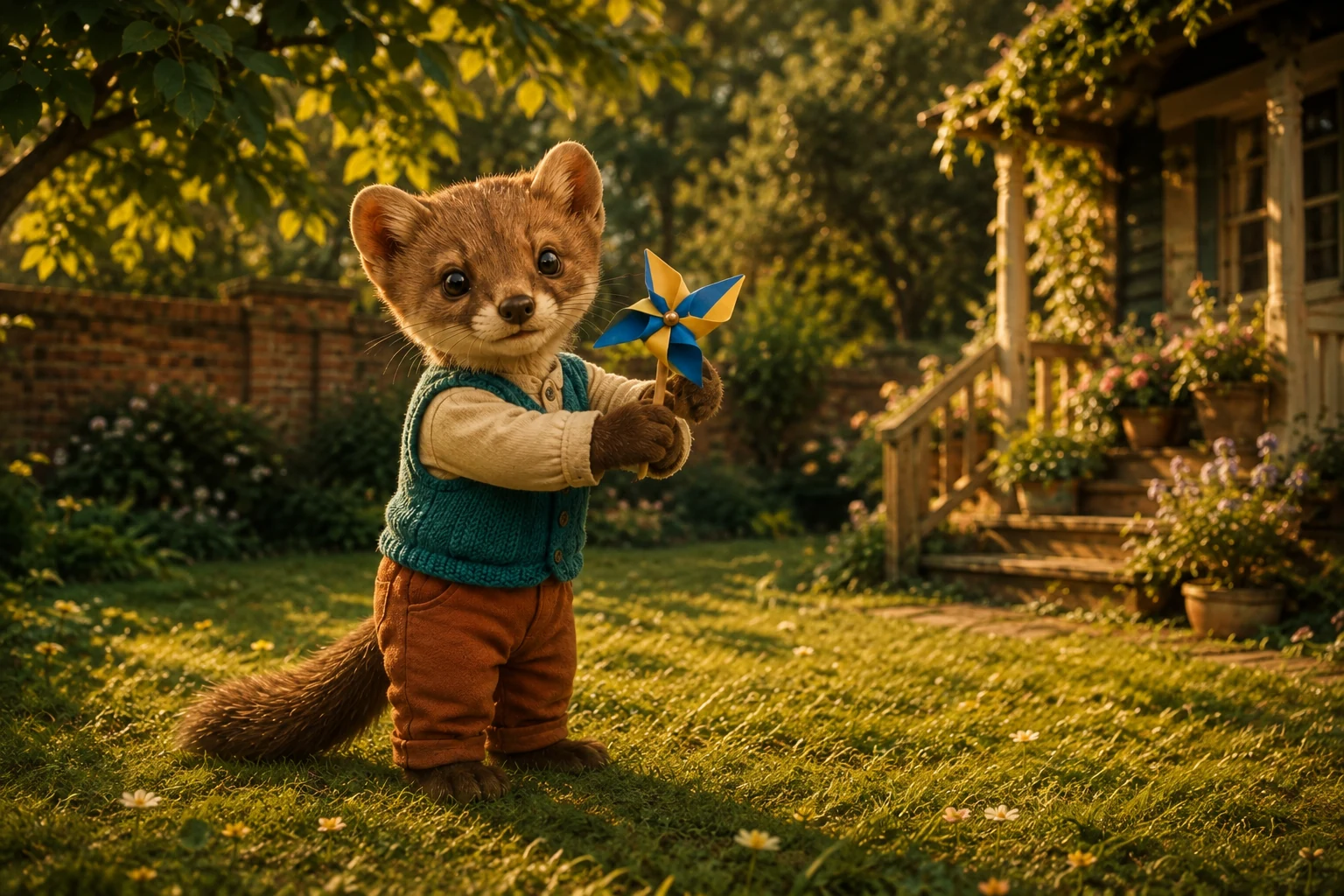 Milo turns his body on the grass and holds out the pinwheel, looking for a position where the breeze can reach it.