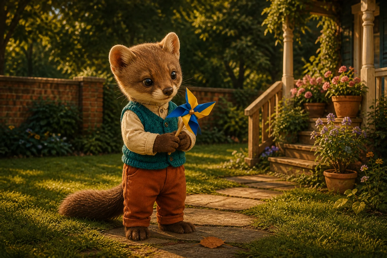 Milo stands with his pinwheel on the path as the dry leaf rests flat beside his feet.