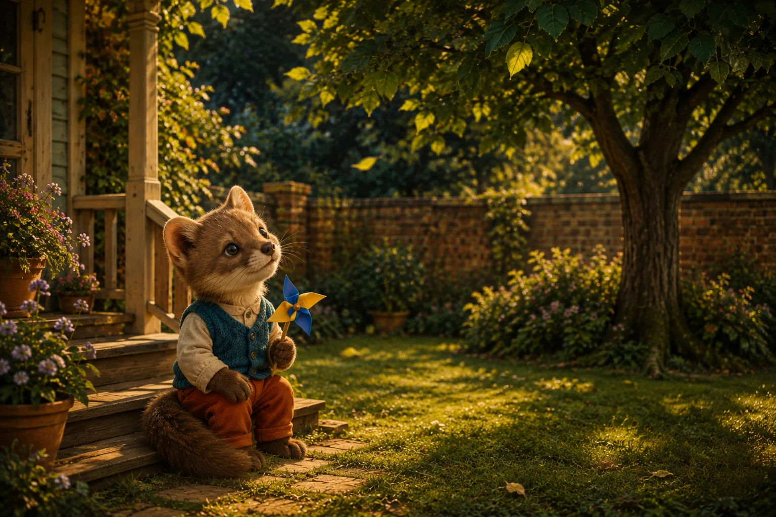 Sitting on the low porch step, Milo holds the pinwheel and looks up toward the garden tree.
