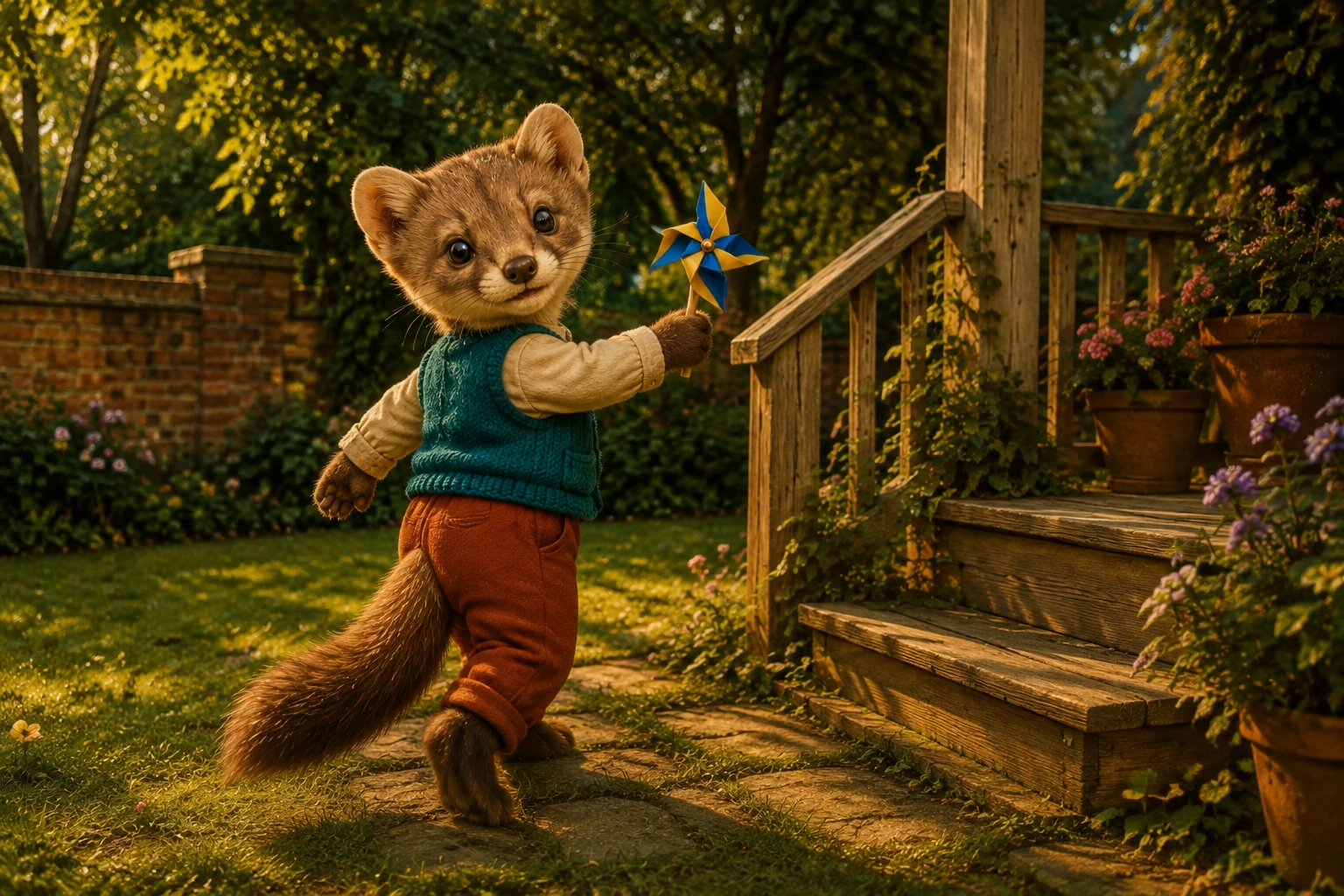 Milo turns back beside the porch, extending his pinwheel toward the open garden with his other paw behind him.