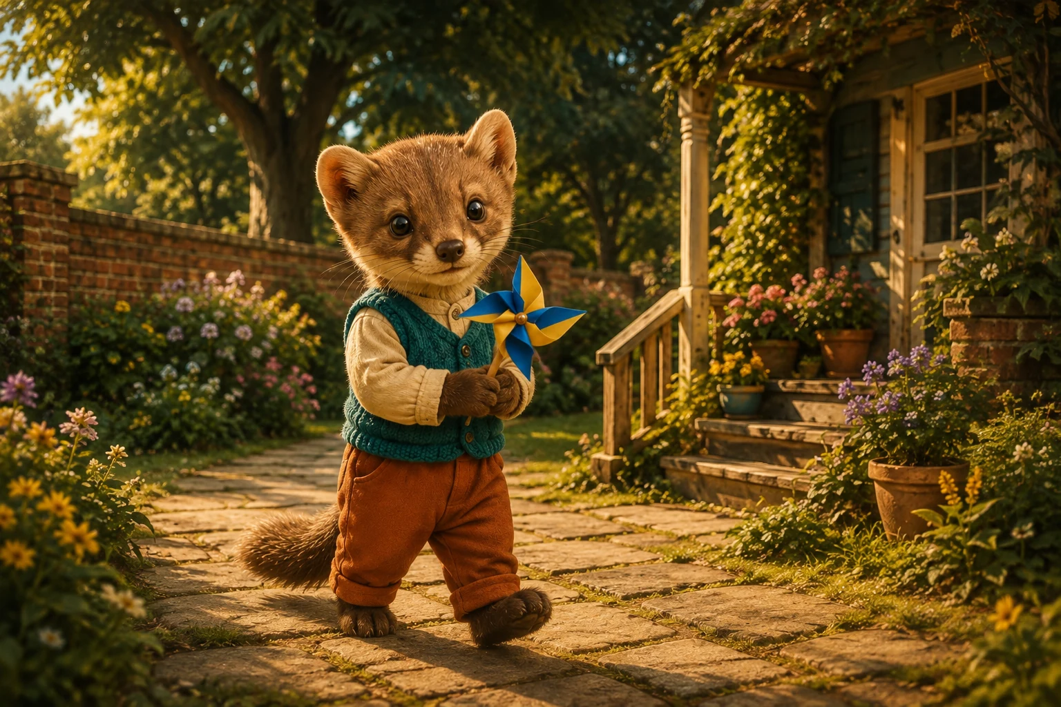 Milo walks along the garden path holding the blue-and-gold pinwheel in both paws before his teal vest.