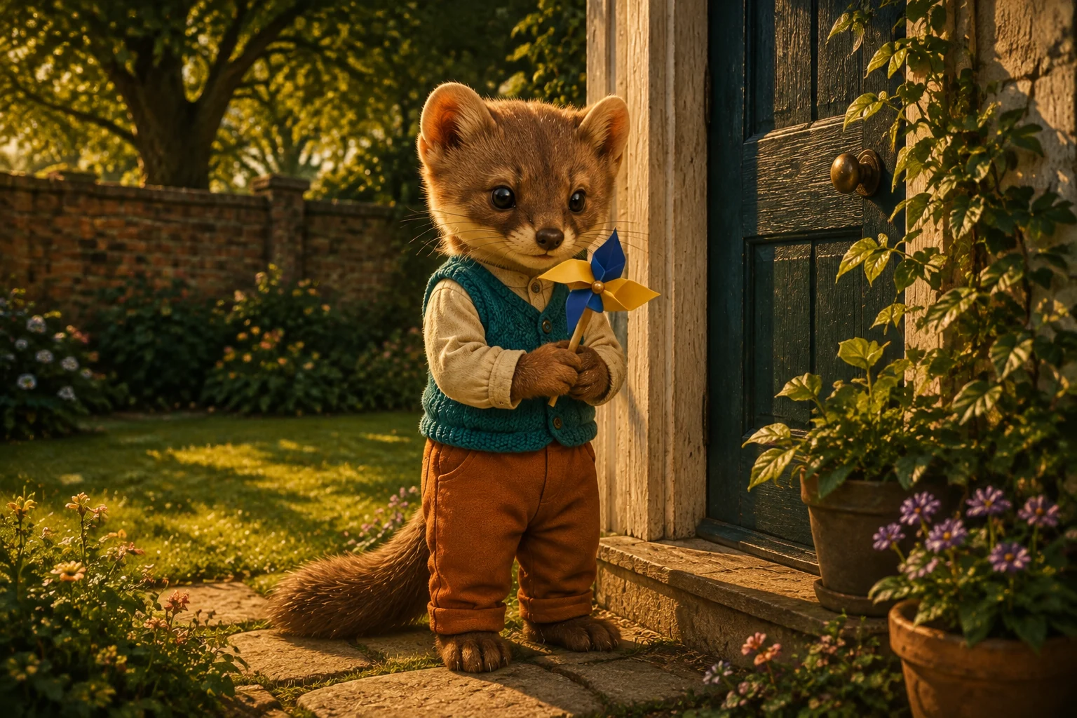 At the cottage doorway, Milo looks closely at the folded blue-and-gold paper around the pinwheel's central hub.
