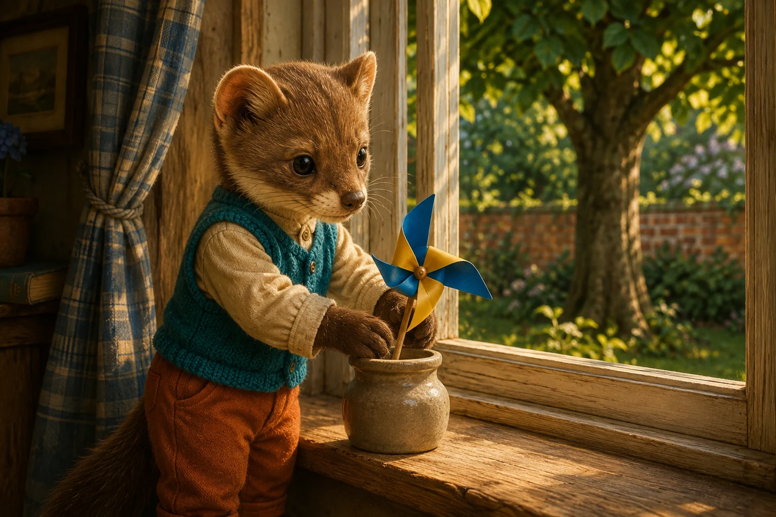 Milo lowers the pinwheel's short wooden handle into a squat beige jar on the windowsill beside a blue checked curtain.