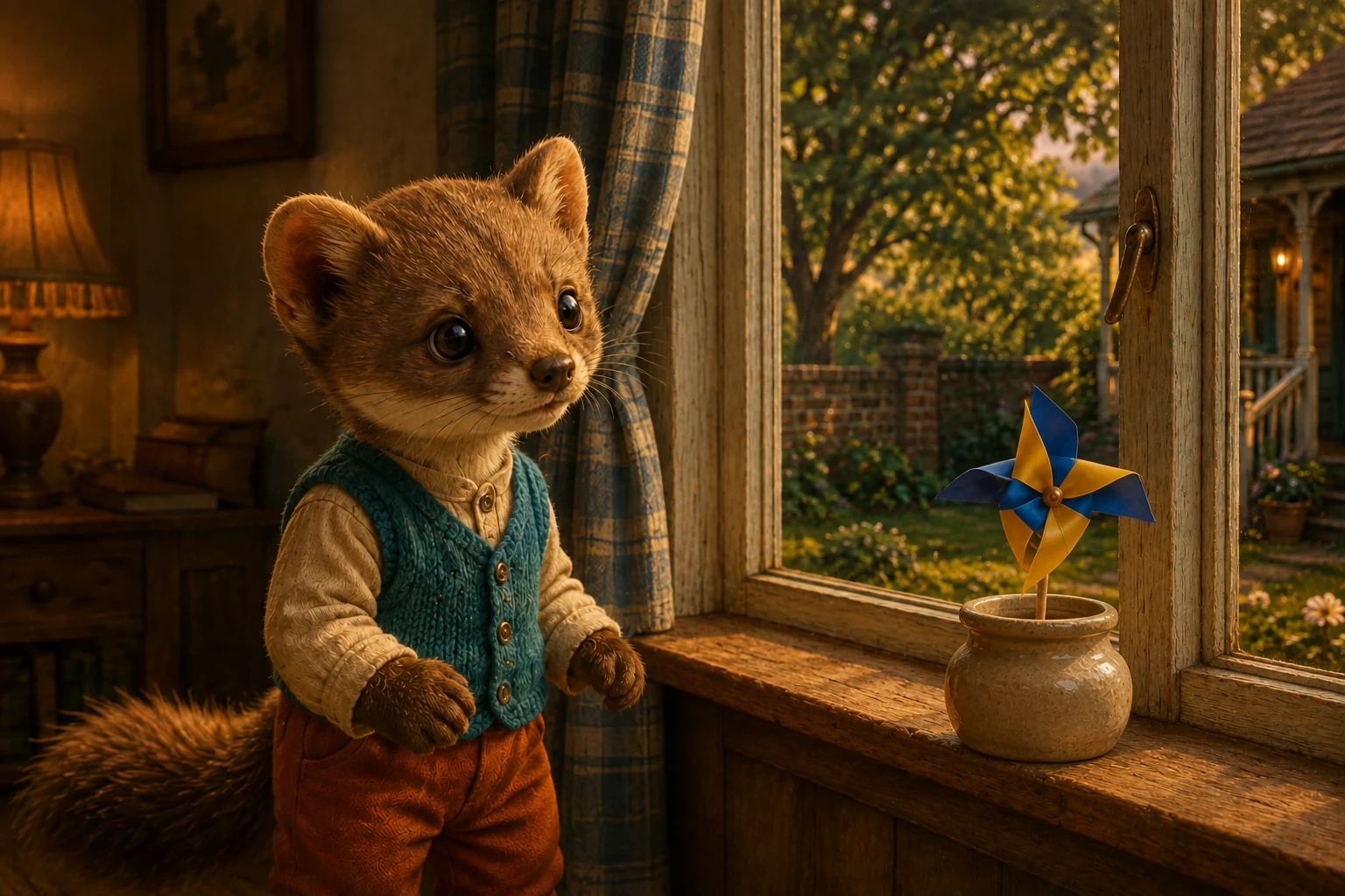 With both paws empty, Milo watches the pinwheel resting in the same rounded beige jar beside the garden window.