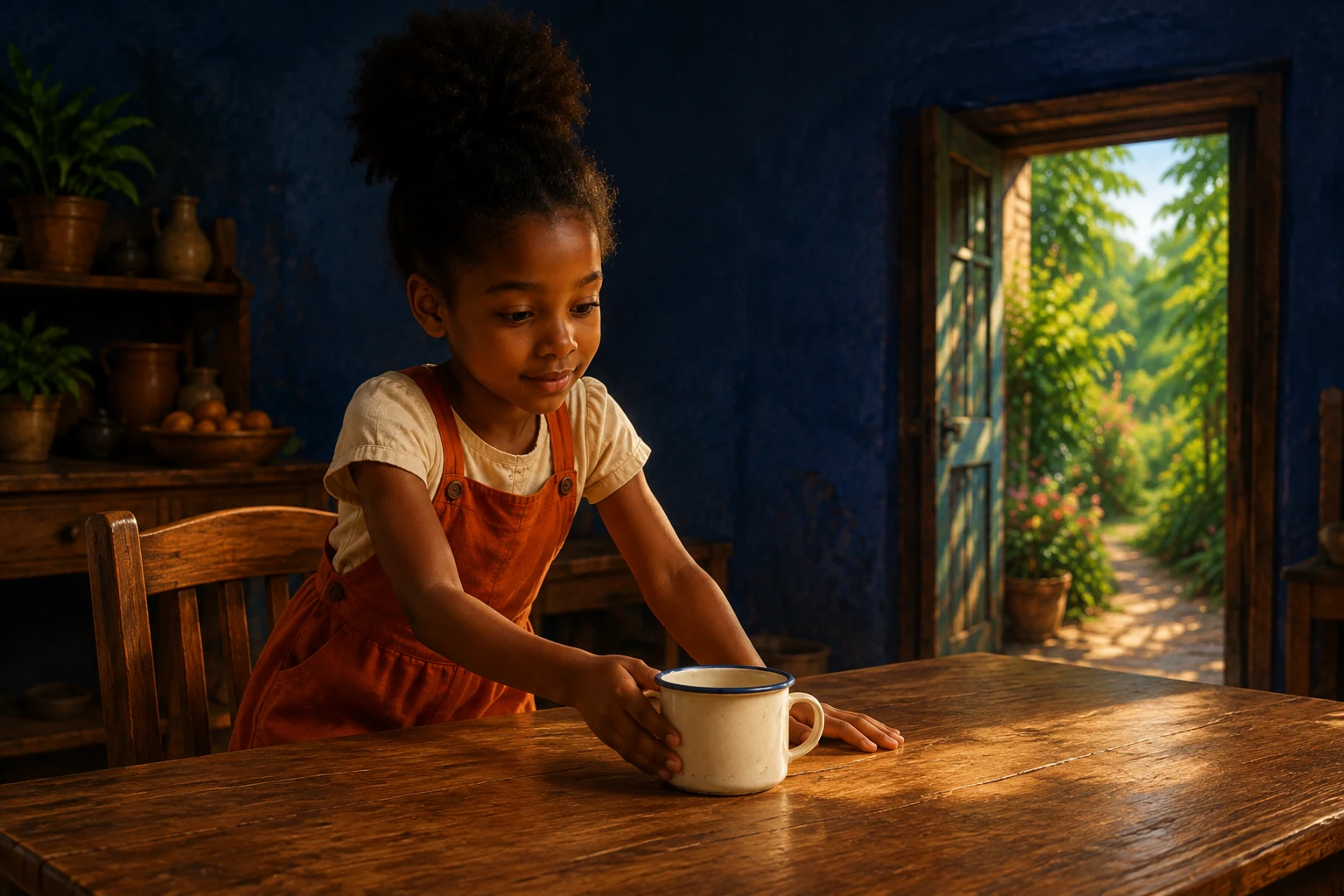 Sefa sets an empty cream cup with a blue rim on the wooden kitchen table.