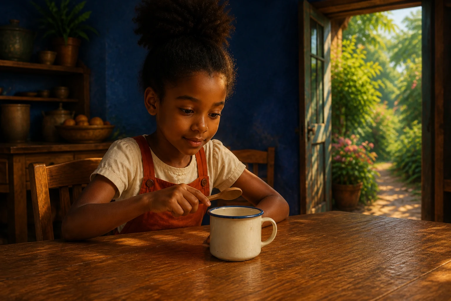 Sefa holds a small wooden spoon just above the empty cup, ready for a gentle tap.