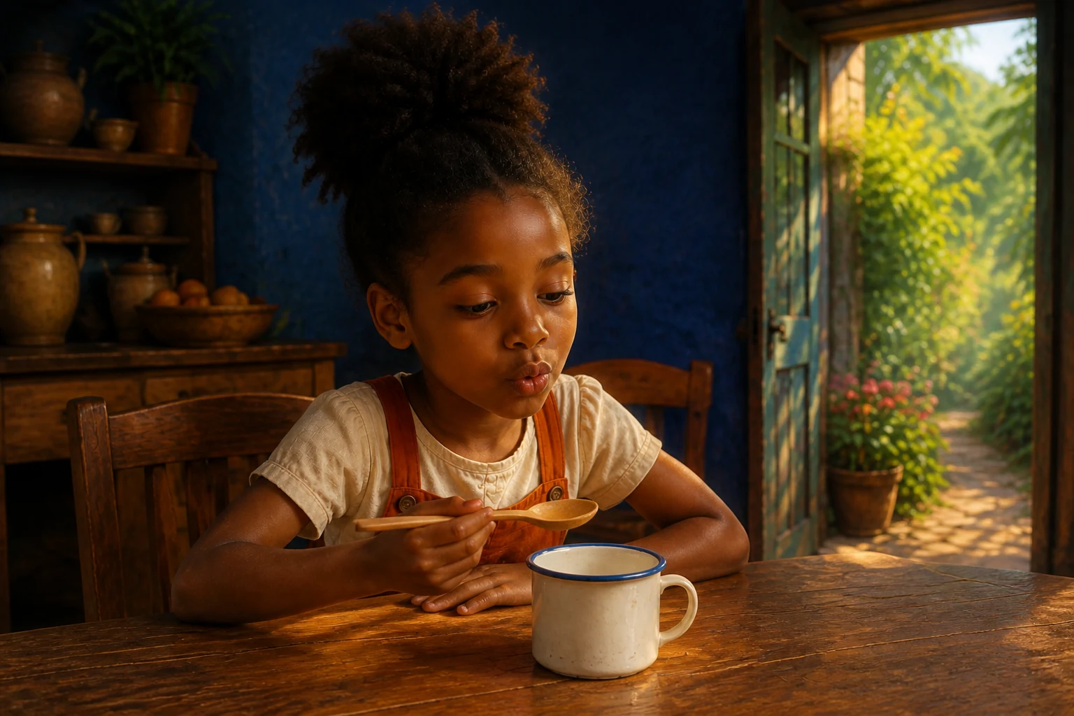 With the spoon lifted beside her cup, Sefa shapes a little hum with her lips.