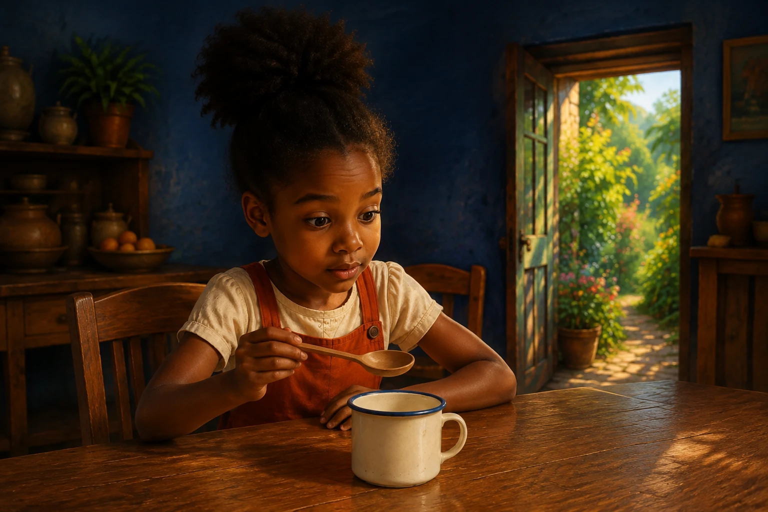 Sefa pauses with the spoon in the air and listens after her quick tapping.