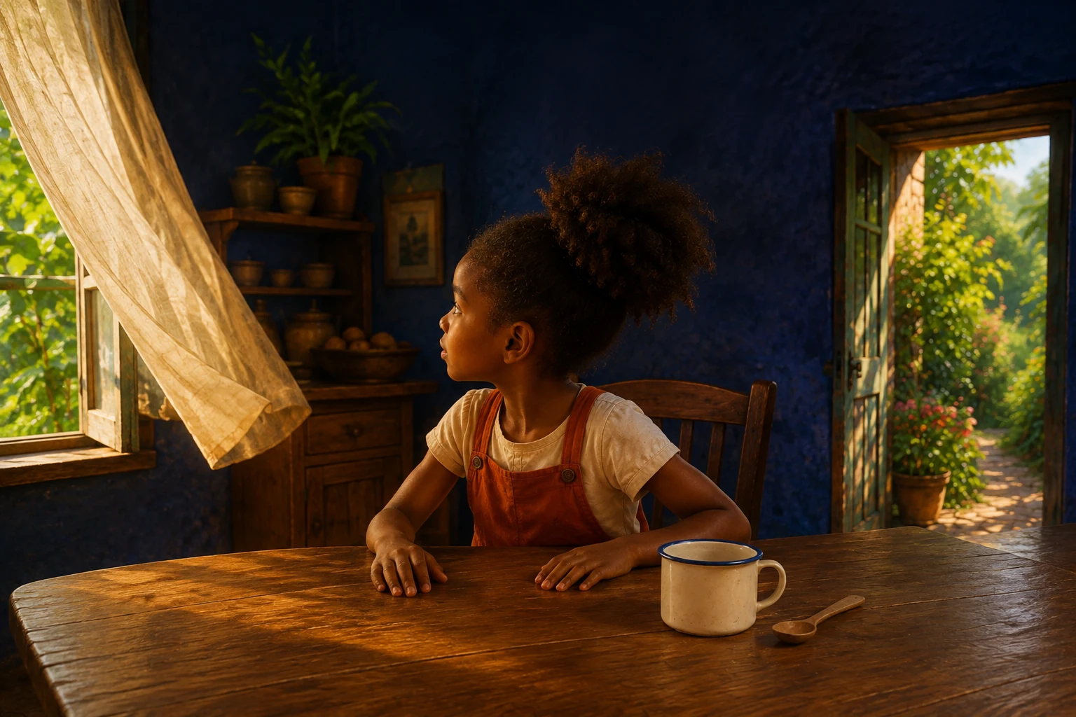 The spoon rests beside the cup as Sefa turns toward the sunlit curtain lifting in the breeze.