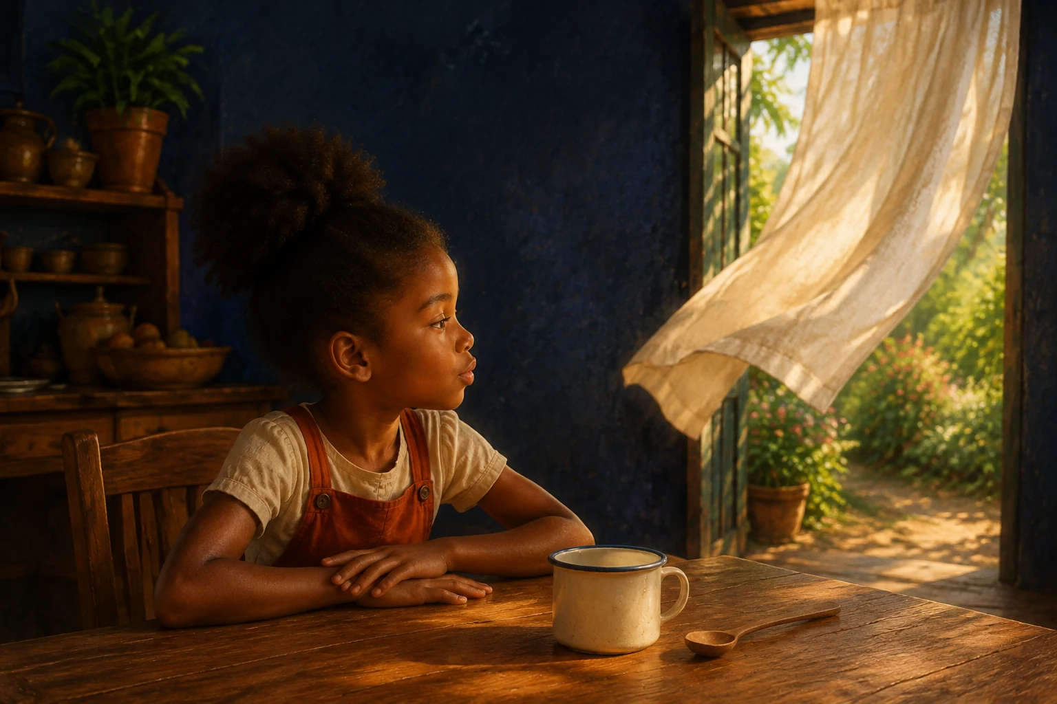 With her hands resting on the table, Sefa hums while watching the pale curtain billow.