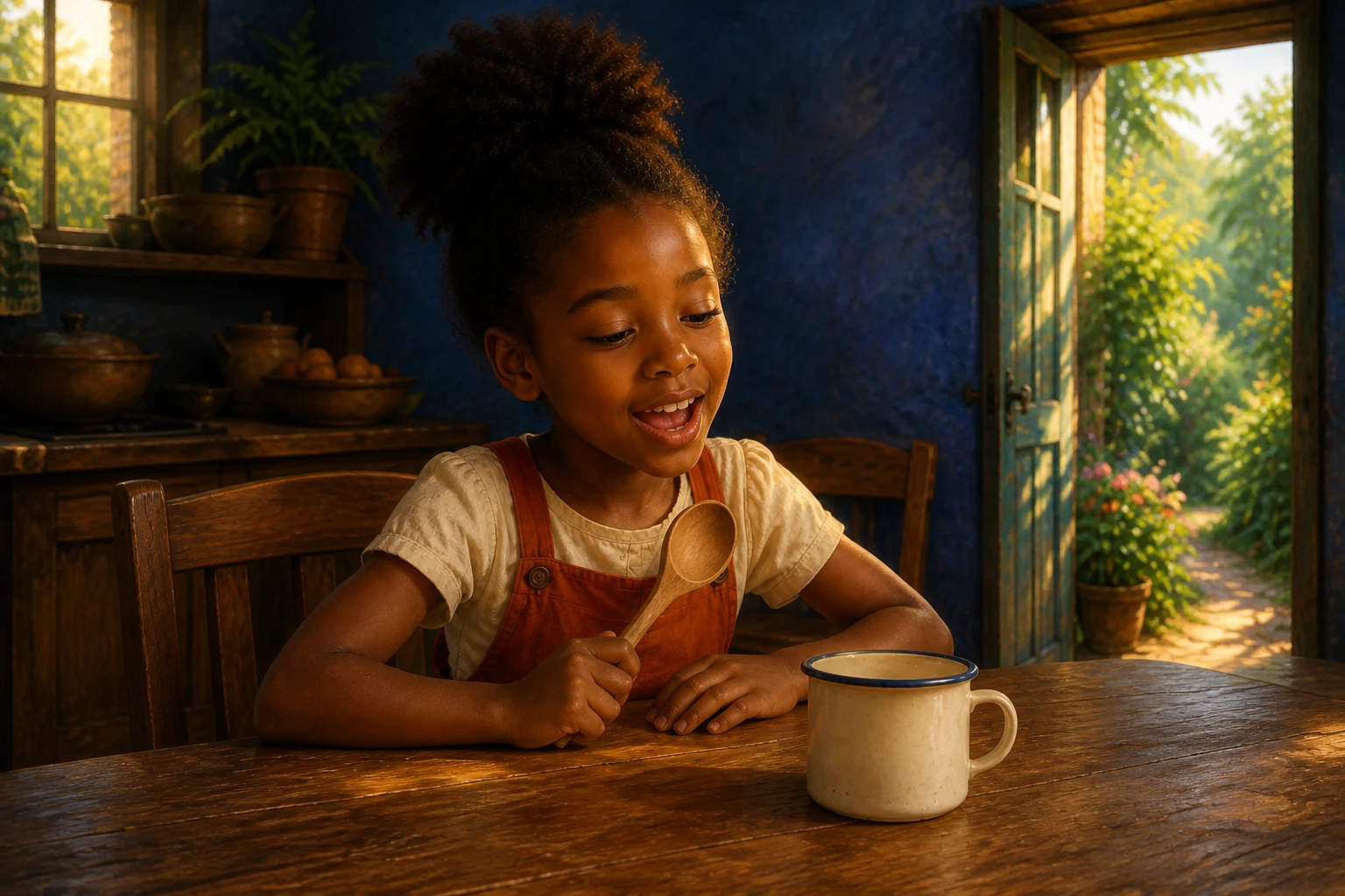 Sefa lifts her voice beside the empty cup, holding the wooden spoon upright near her chest.