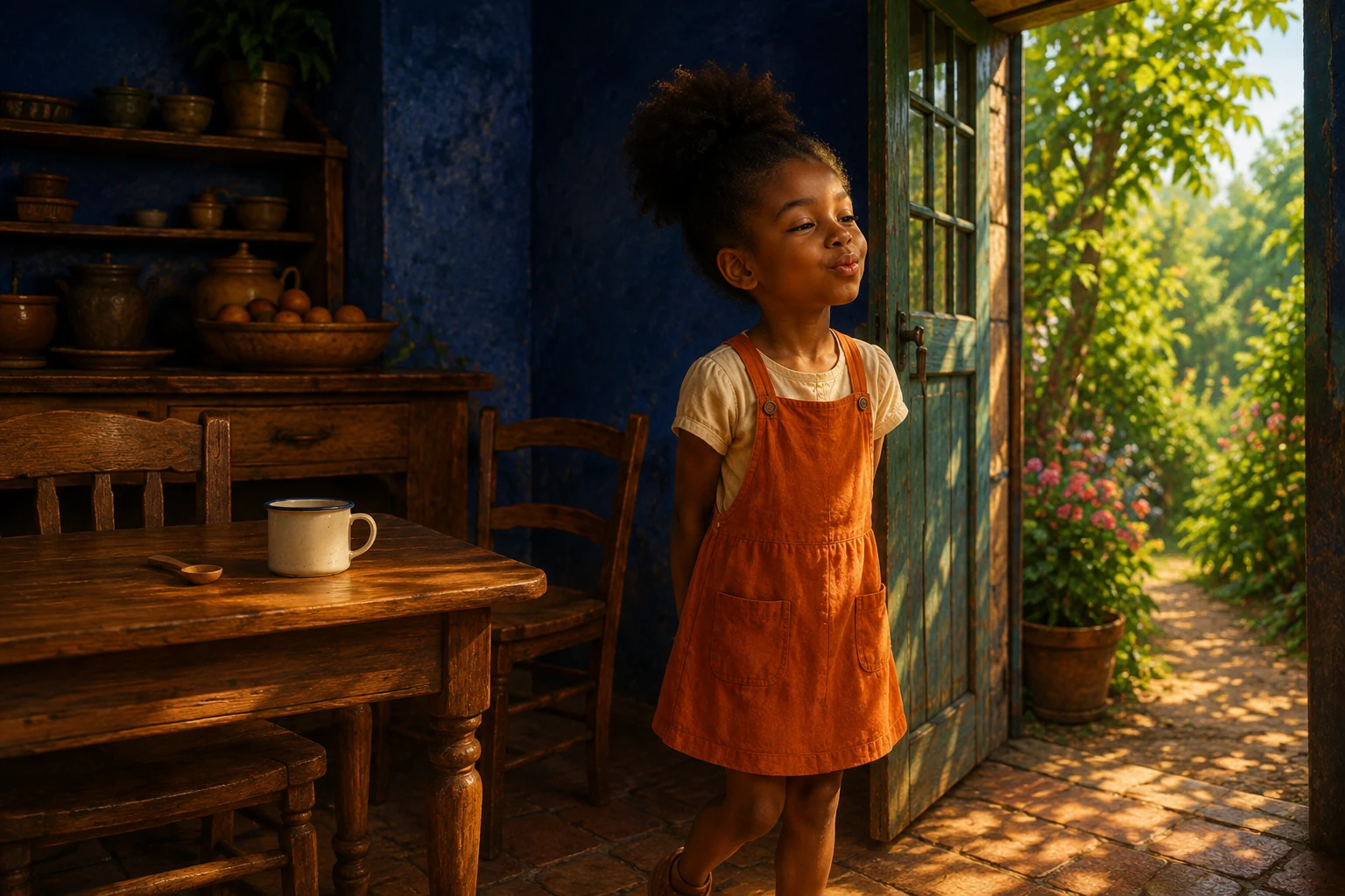 Empty-handed at the garden doorway, Sefa tries her tune while the cup and spoon stay on the table.