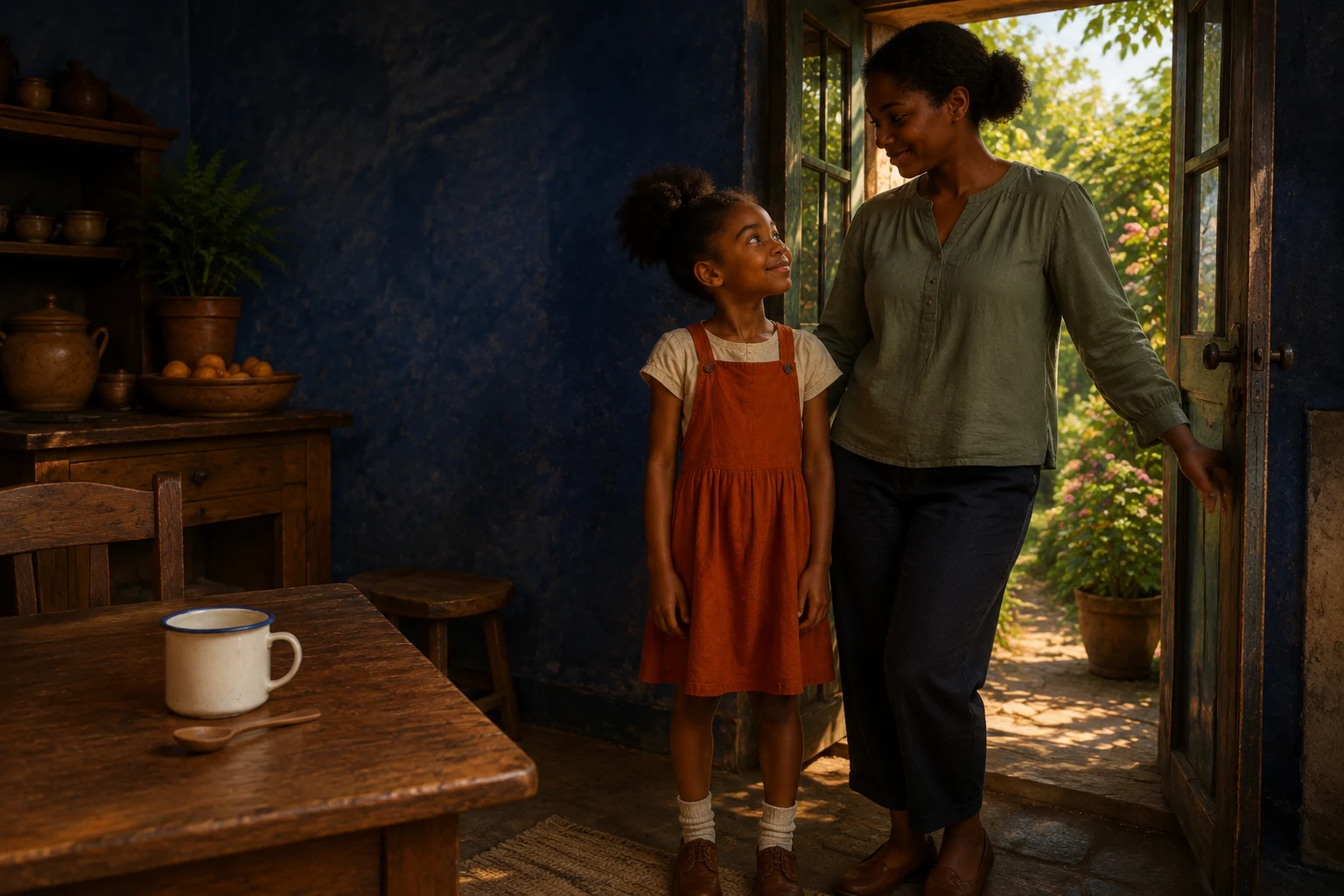 Mama stands beside Sefa at the open door, listening and answering her little tune.